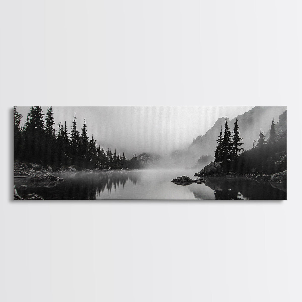 Foggy Pines, Mountain Reflection, Monochrome Wilderness, Canvas Print, black and white wall art, cabin decor, minimalist forest scene
