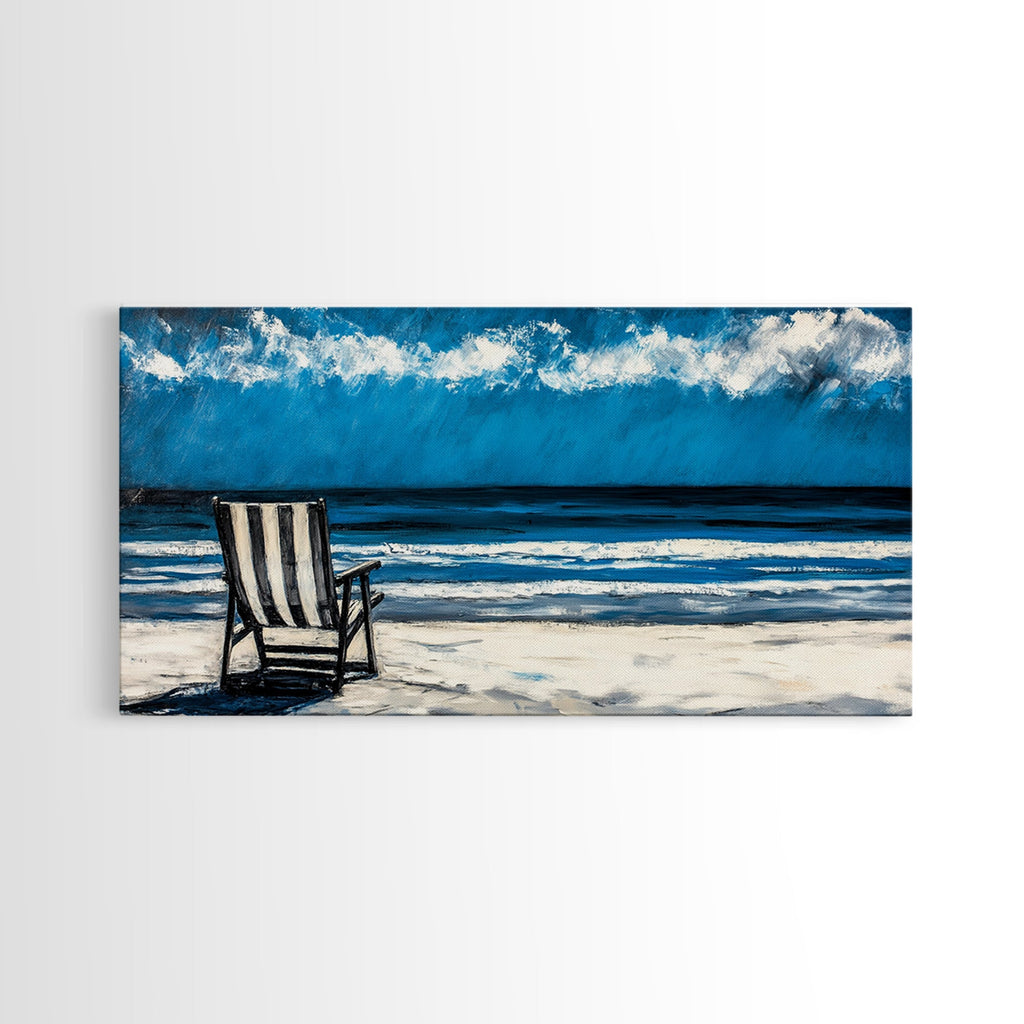 Beach Chair, coastal decor, nautical painting, seascape painting, ocean view, lake Tahoe art, blue and green wall art, Framed Canvas Print, surf