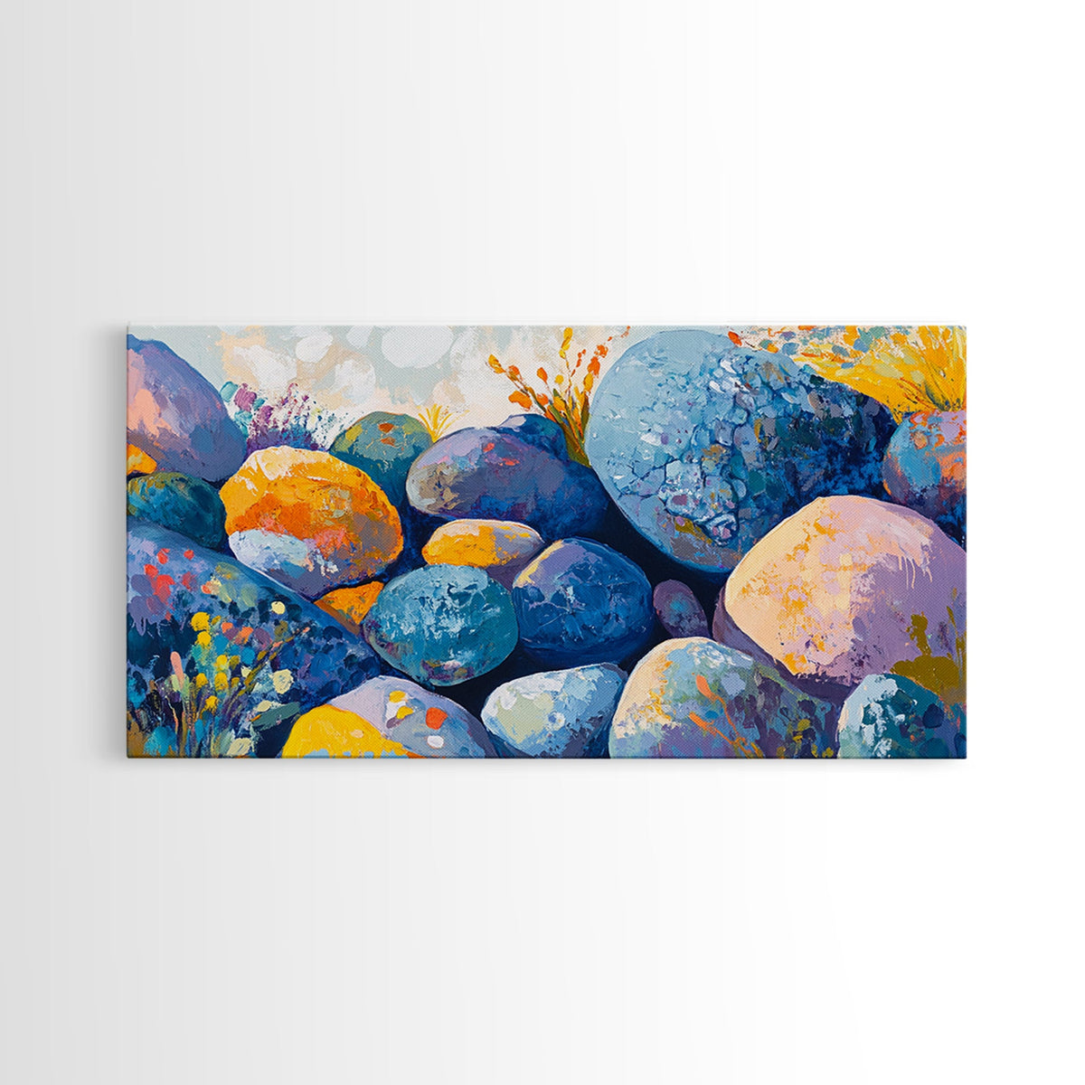 River Rocks, Whimsical Art, Mosaic Wall Art, Boho Art, Teal Wall Art, Nature Inspired Art, Abstract Landscape, Canvas Print, Gift Idea Her