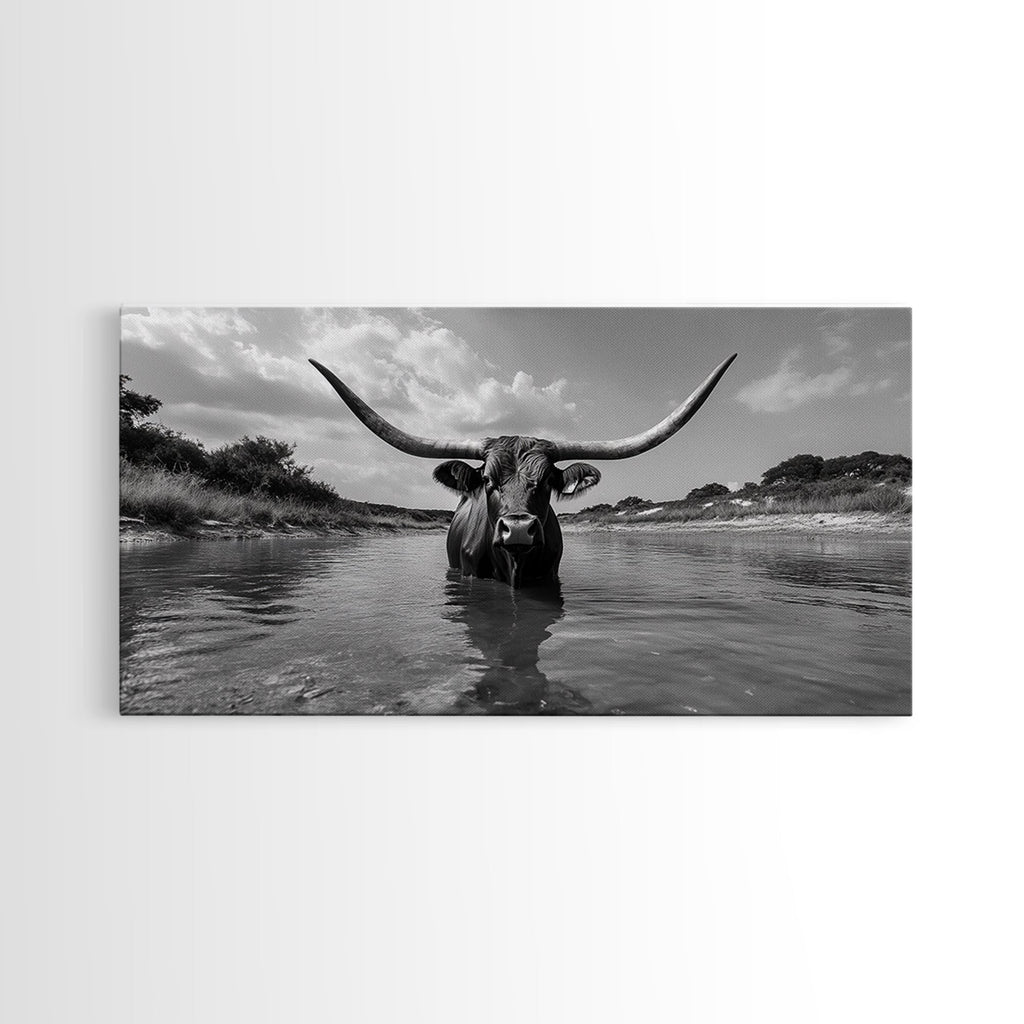Longhorn in Water, rustic art, western decor, bull and bear art, cowboy wall art, farmhouse art, panoramic art, Framed Canvas Print