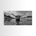 Longhorn in Water, rustic art, western decor, bull and bear art, cowboy wall art, farmhouse art, panoramic art, Framed Canvas Print