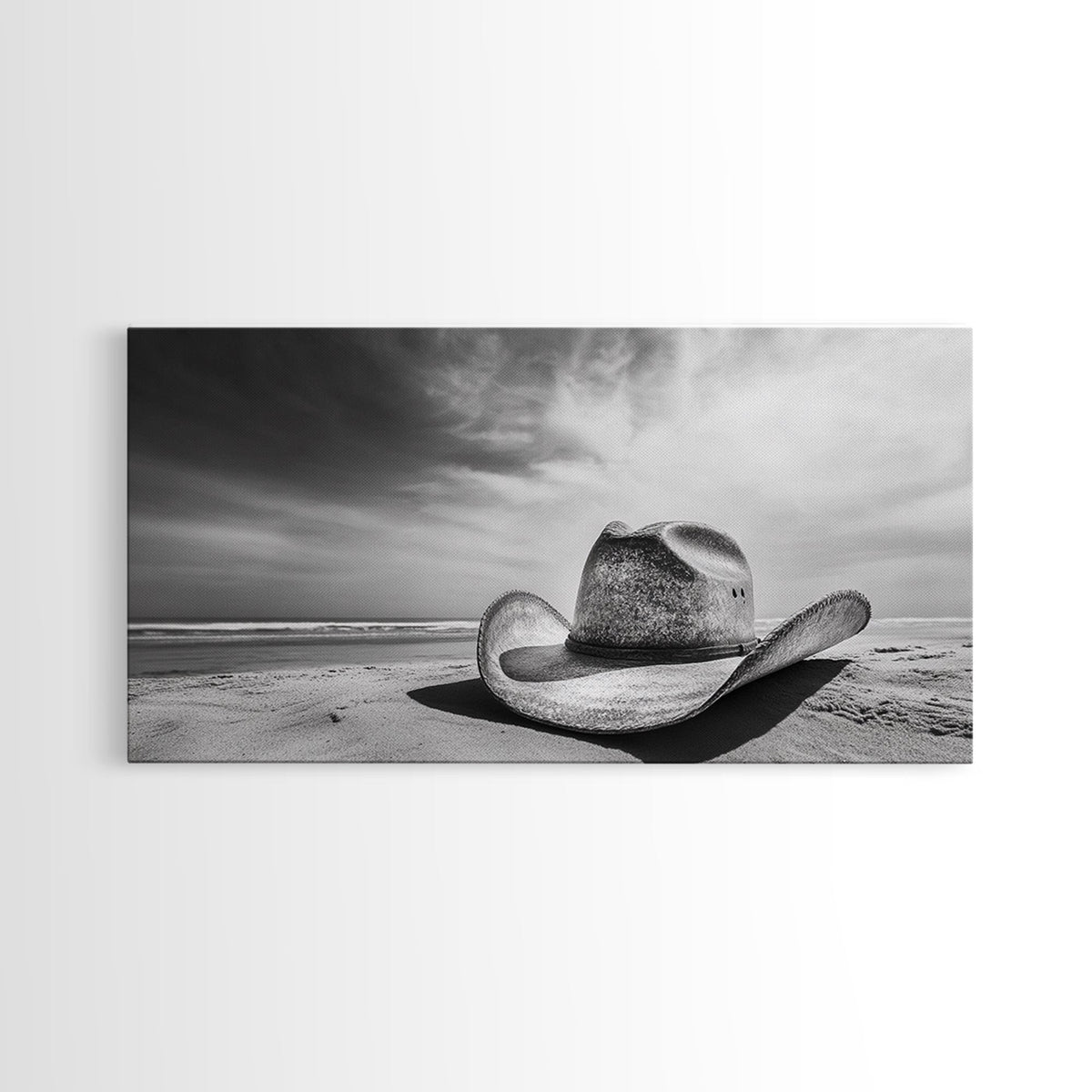 Cowboy Hat, Rustic Art, Western Wall Art, Moody Art, Coastal Decor, Vintage Aesthetic, Framed Canvas Print, Dramatic Sky