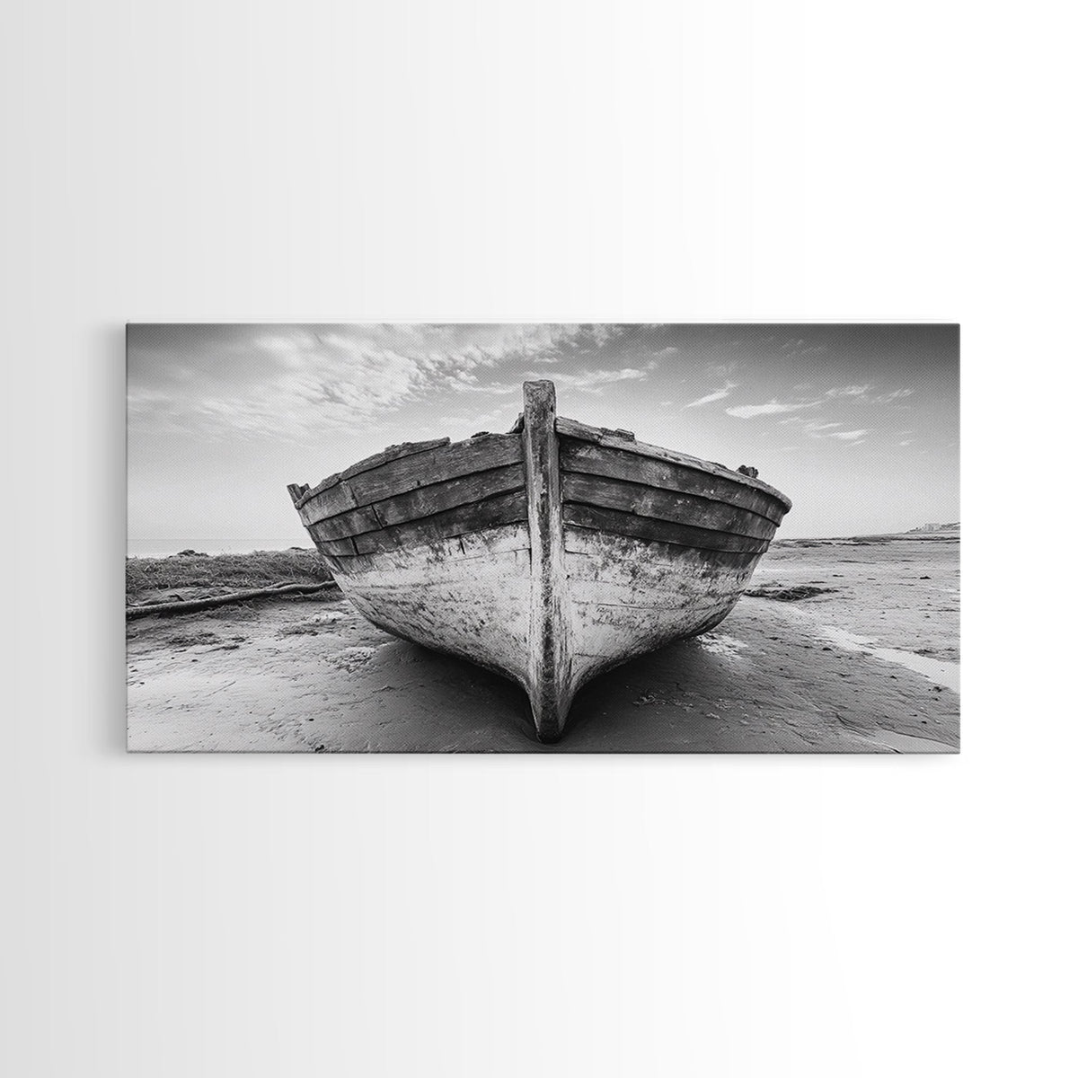 Beached Boat, Nautical Wall Art, Rustic Decor, Coastal Landscape Art, Extra Wide Art, Panoramic Painting, Canvas Print