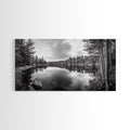Lake reflection, pine tree art, landscape painting, wabi sabi art, rustic decor, panoramic painting, extra wide art, framed canvas print