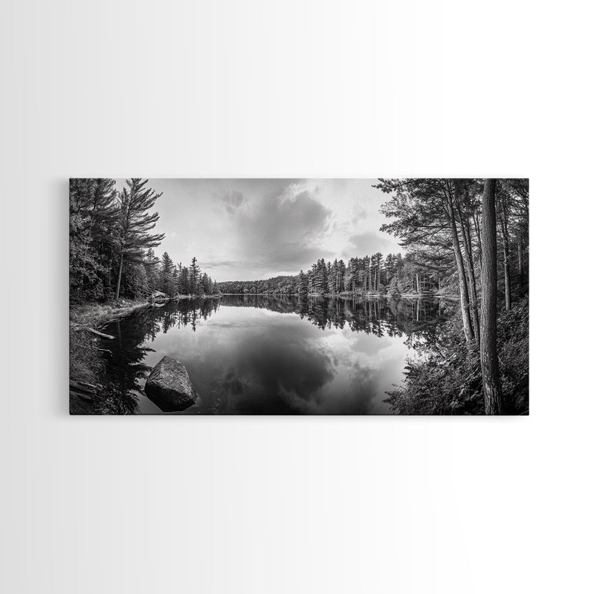 Lake reflection, pine tree art, landscape painting, wabi sabi art, rustic decor, panoramic painting, extra wide art, framed canvas print