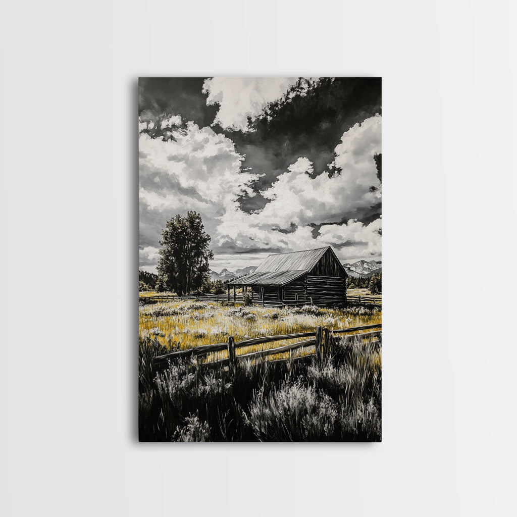 Rustic Barn, Farmhouse Art, Canvas Print, rustic wall art, barn landscape oil painting, smoky mountain art, wabi sabi wall art, vintage Christmas
