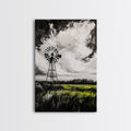 Black and White Windmill, windmill wall art, rustic decor, farmhouse art, landscape painting, framed canvas print, above bed wall art