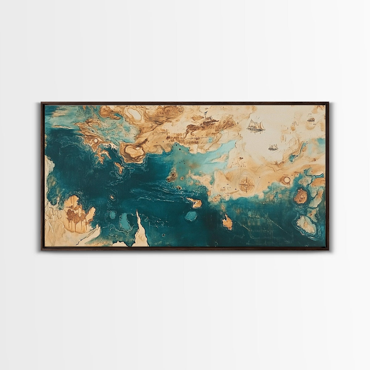 Vintage Map Art, Compass Wall Art, Nautical Wall Art, Extra Wide Art, Framed Canvas Print, Rustic Decor, Coastal Painting
