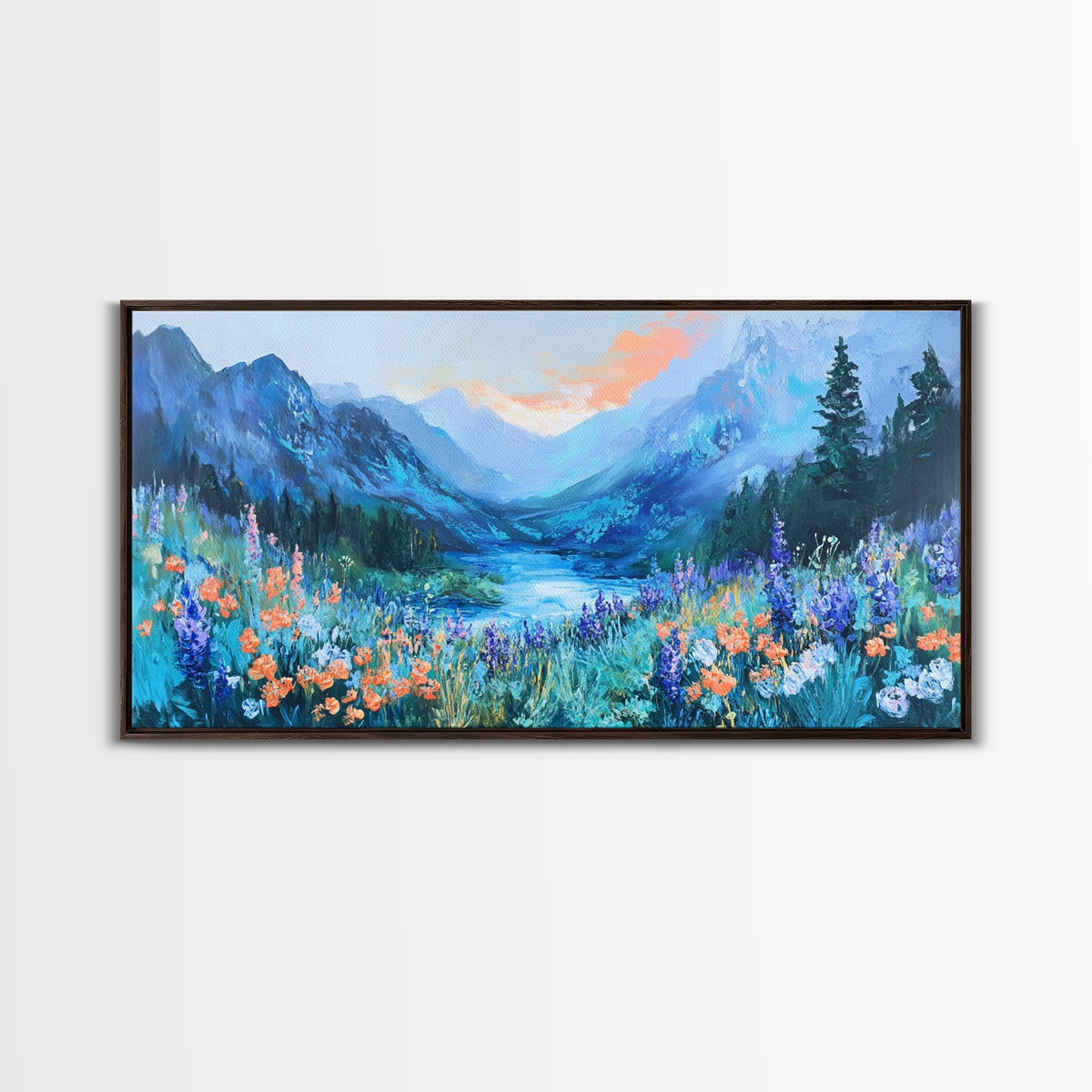 Wildflower Meadow, Mountain Painting, Landscape Painting, Rustic Decor, Cottagecore Wall Art, Framed Canvas Print, Above Sofa Art