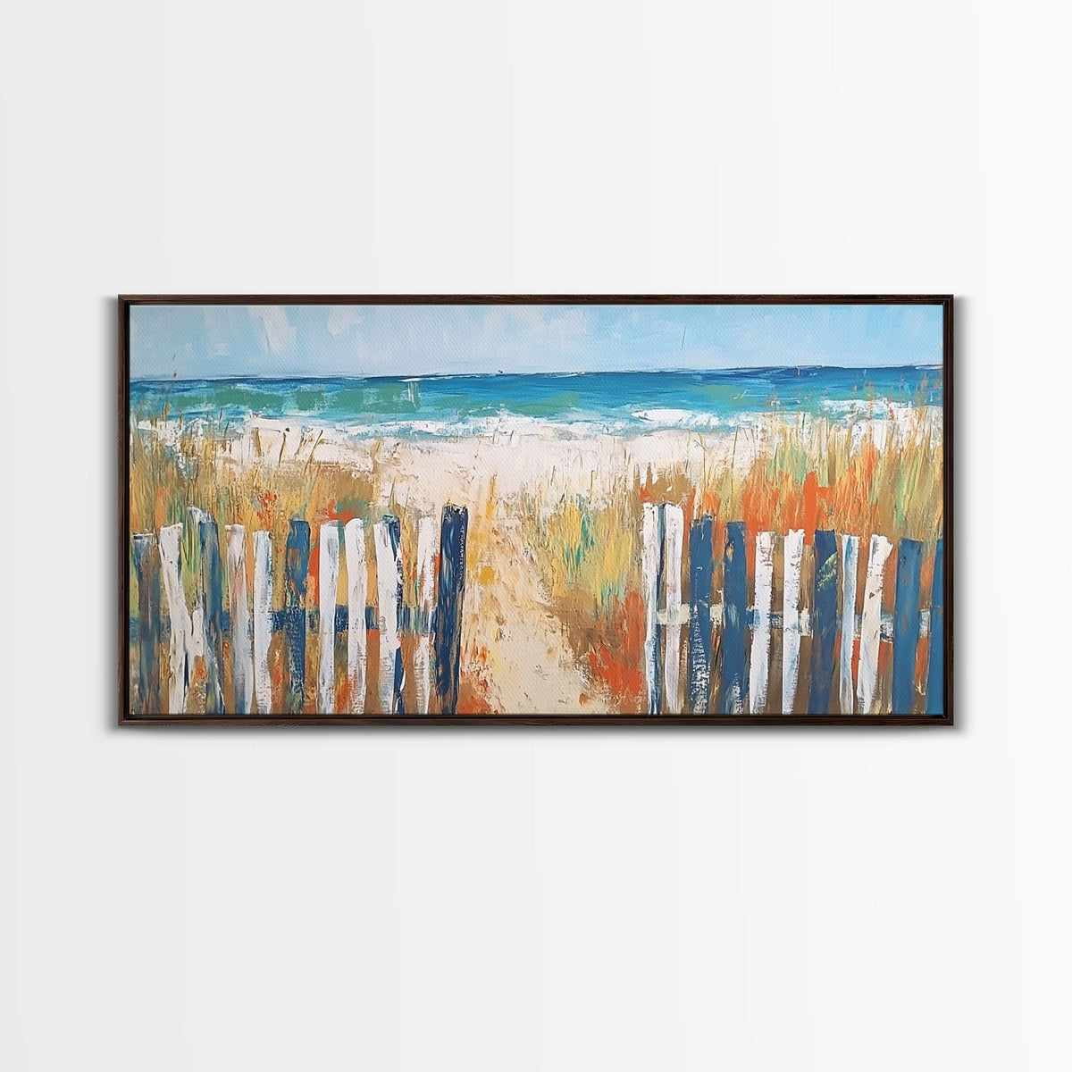 Beach Fence, coastal painting, framed canvas print, nautical decor, seascape painting, blue and green wall art, extra wide art