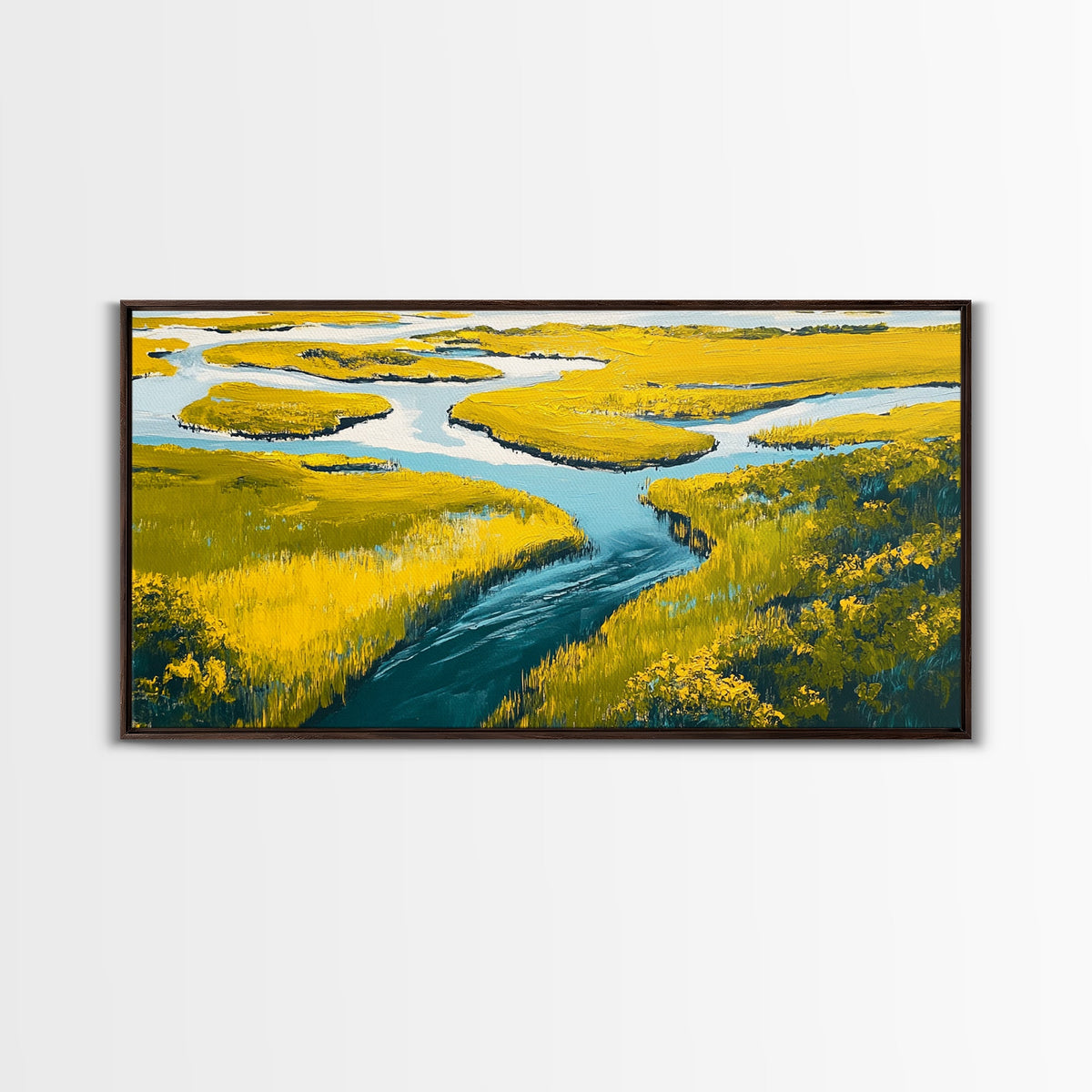 Marshland Landscape, marsh painting, landscape painting, above sofa art, extra wide art, panoramic art, Framed Canvas Print