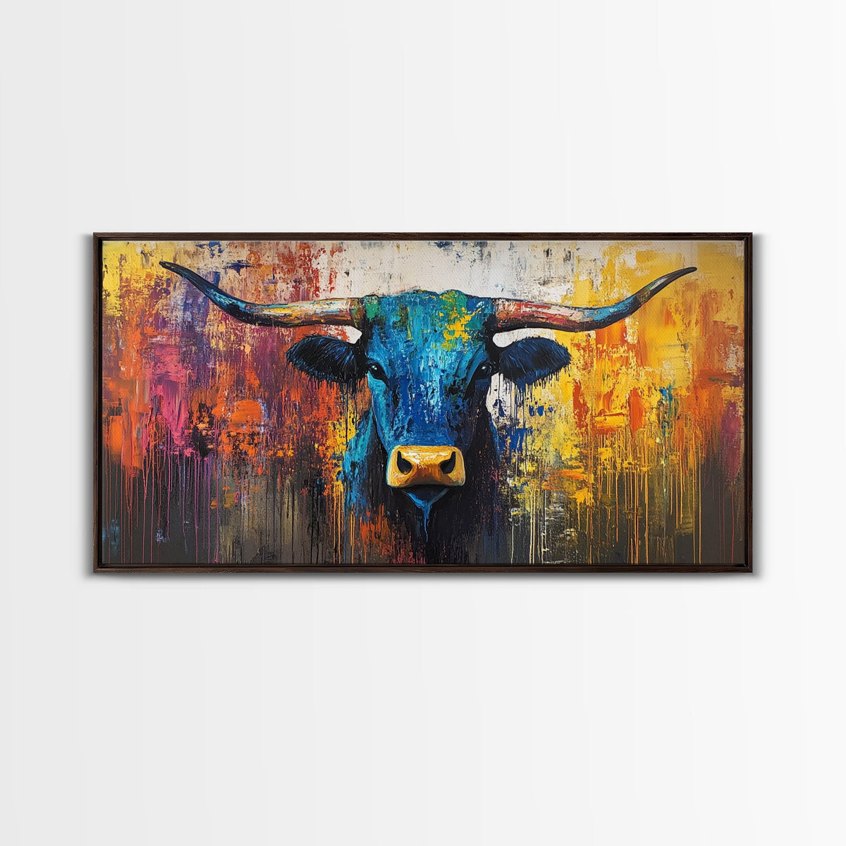 Abstract Bull, bold color wall art, rustic decor, farmhouse art, moody art, contemporary art, Framed Canvas Print, modern bull painting