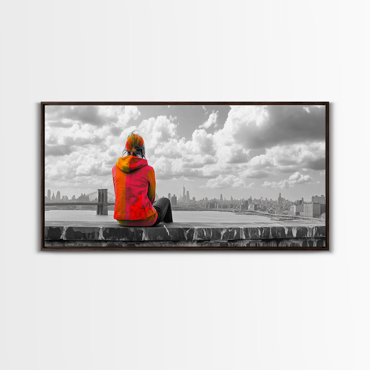 Rooftop View, Urban Woman, Brooklyn Bridge, Reflective Mood, Framed Canvas Print, Modern City Wall Art, Inspirational Office Decor