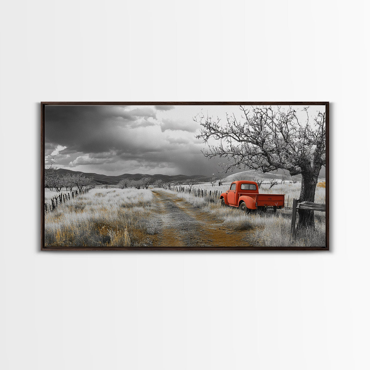 Red Truck, Country Road, Stormy Sky, Orchard Path, Framed Canvas Print, Farmhouse Autumn Wall Art, Rural Decor, Rustic Vintage Vibes