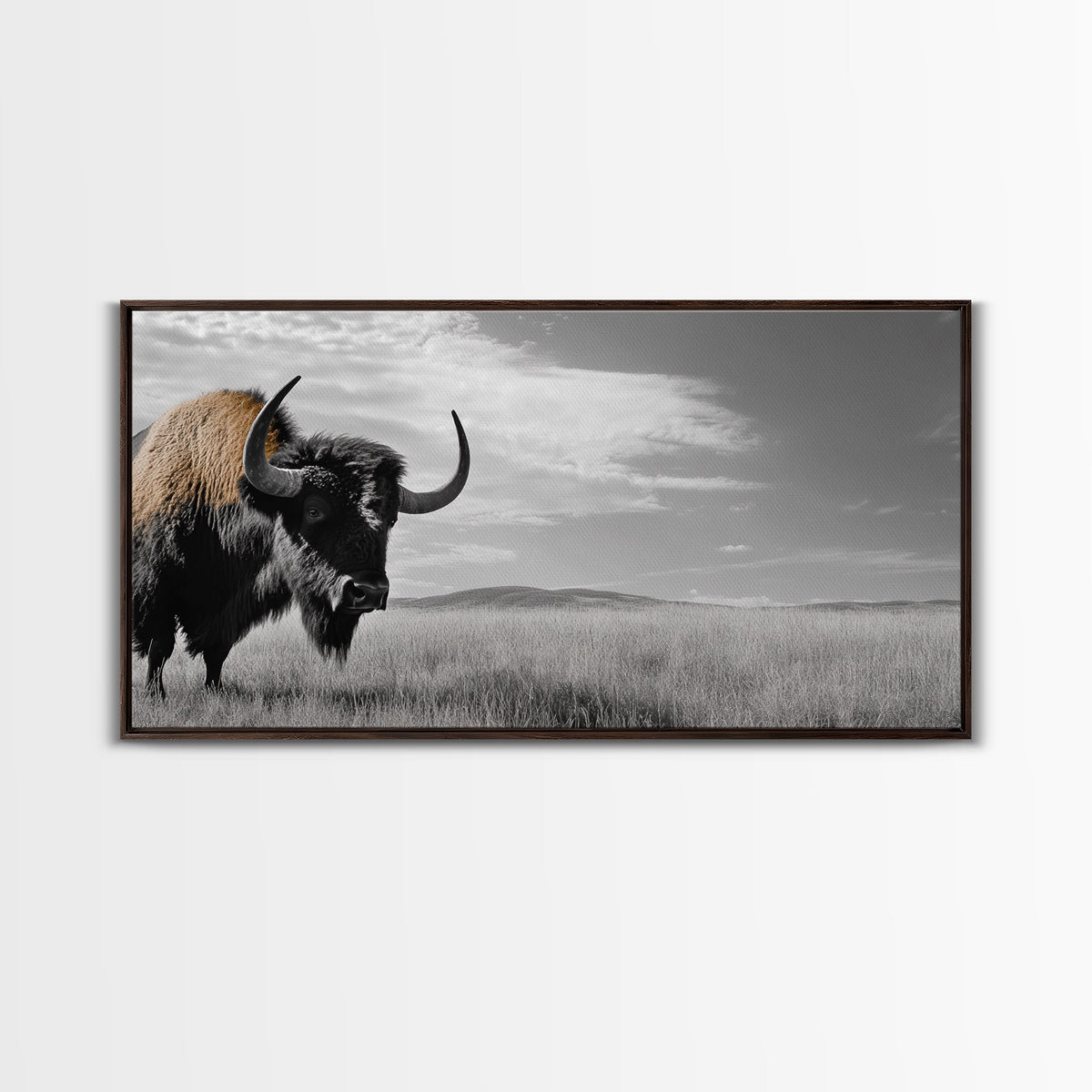 Buffalo Wall Art Canvas Print | Rustic Farmhouse Decor | Western Landscape Art | Moody Wall Art | Extra Wide Art | Nature Lover Gift