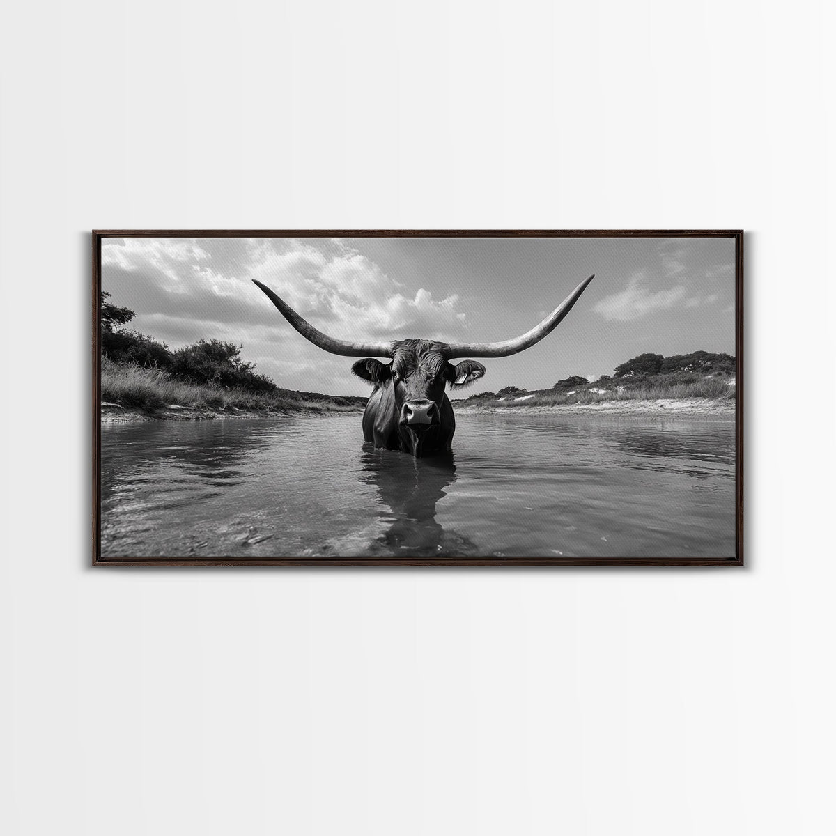 Longhorn in Water, rustic art, western decor, bull and bear art, cowboy wall art, farmhouse art, panoramic art, Framed Canvas Print