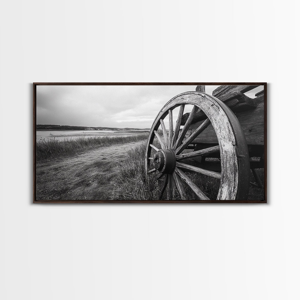 Wagon Wheel, Rustic Wall Art, Farmhouse Art, Vintage Decor, Western Landscape, Barn Art, Framed Canvas Print, Country Aesthetic
