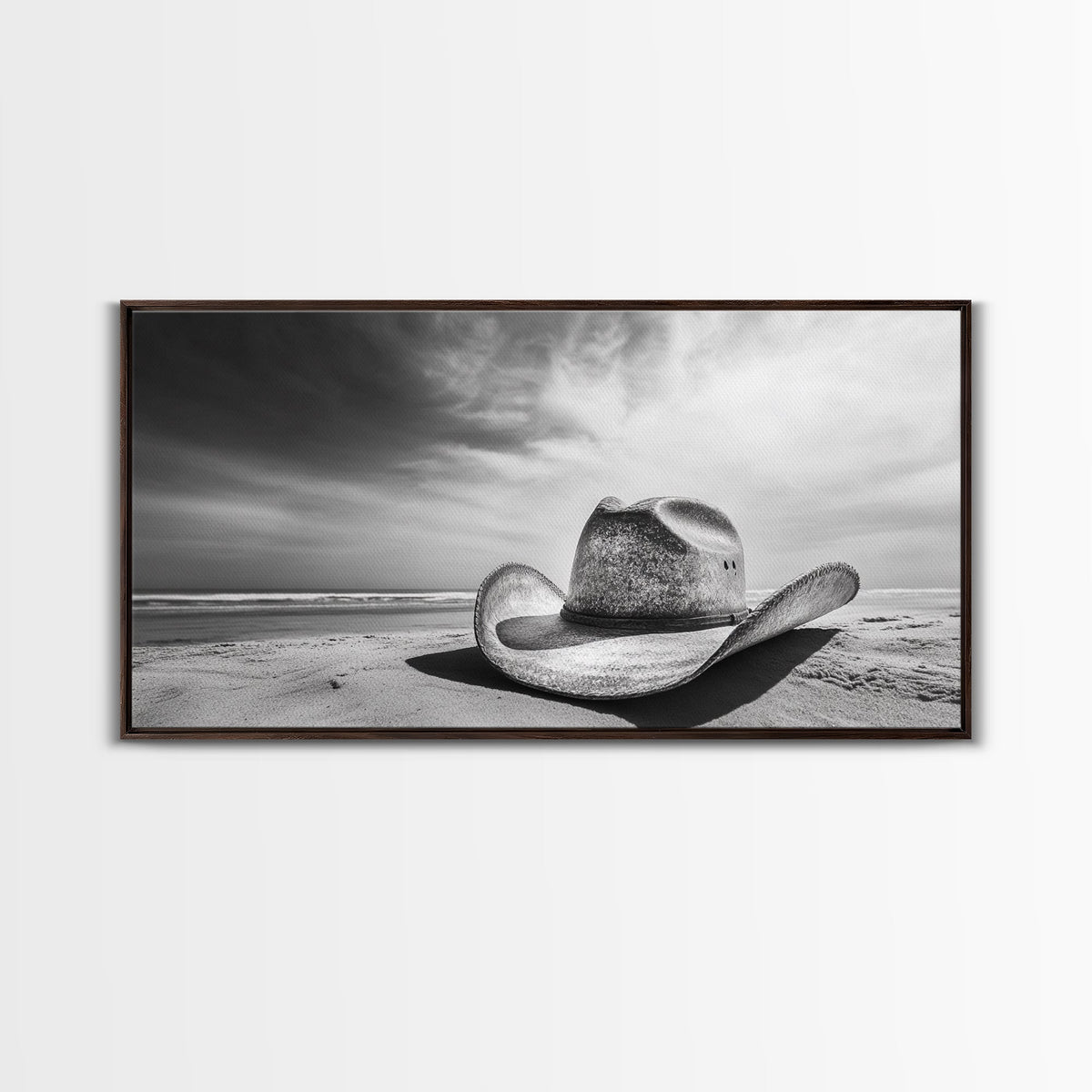 Cowboy Hat, Rustic Art, Western Wall Art, Moody Art, Coastal Decor, Vintage Aesthetic, Framed Canvas Print, Dramatic Sky