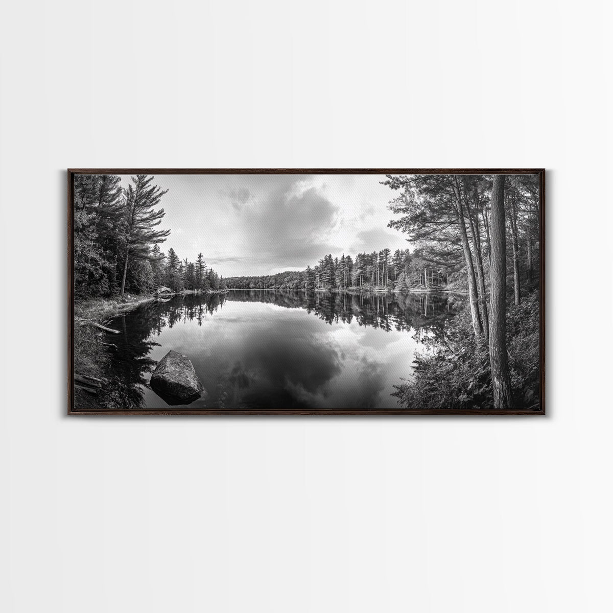 Lake reflection, pine tree art, landscape painting, wabi sabi art, rustic decor, panoramic painting, extra wide art, framed canvas print