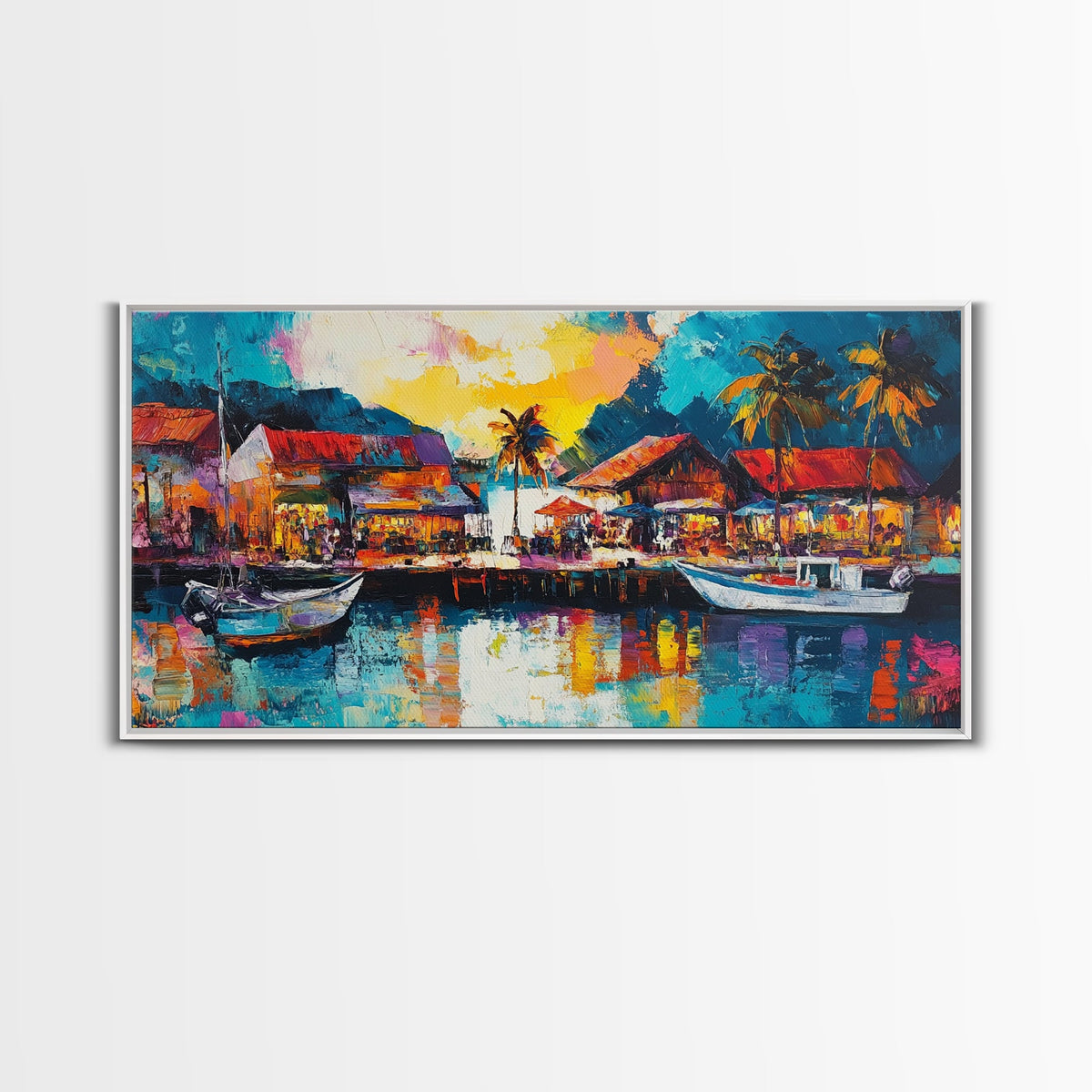 Coastal Village Painting, Nautical Wall Art, Tropical Landscape Art, Vibrant Art, Beach House Decor, Extra Wide Art, Canvas Print