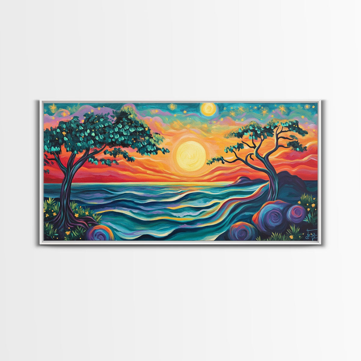 Vibrant Sunset, pink orange wall art, whimsical art, Hawaii art, colorful landscape painting, coastal decor, gift idea, Canvas Print