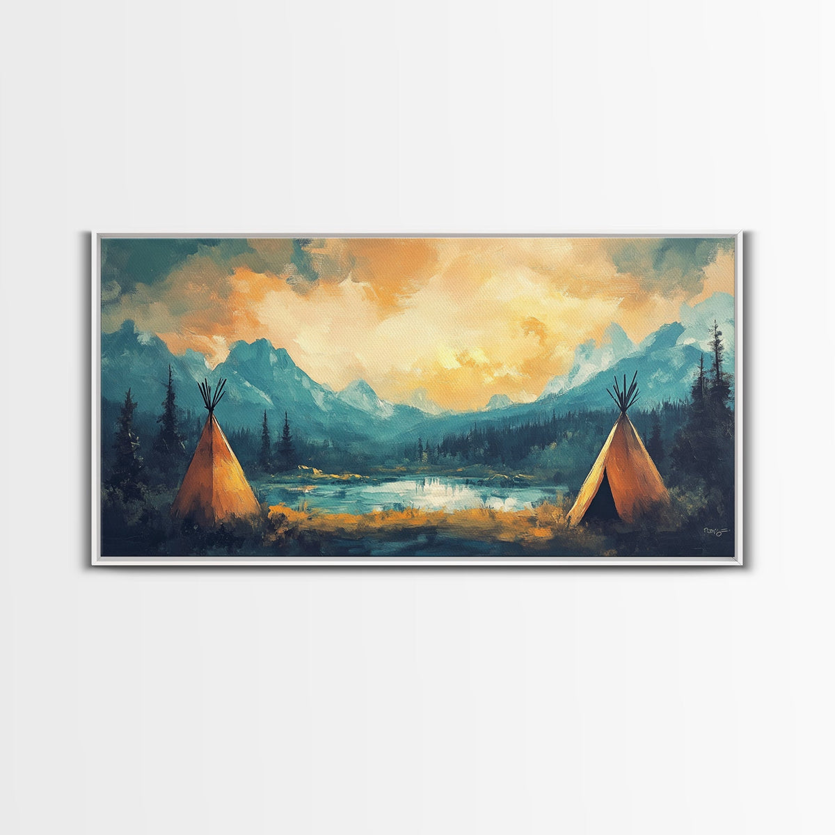 Teepee Camp, southwest wall art, landscape painting, mountain painting, rustic decor, moody art, Framed Canvas Print, panoramic painting