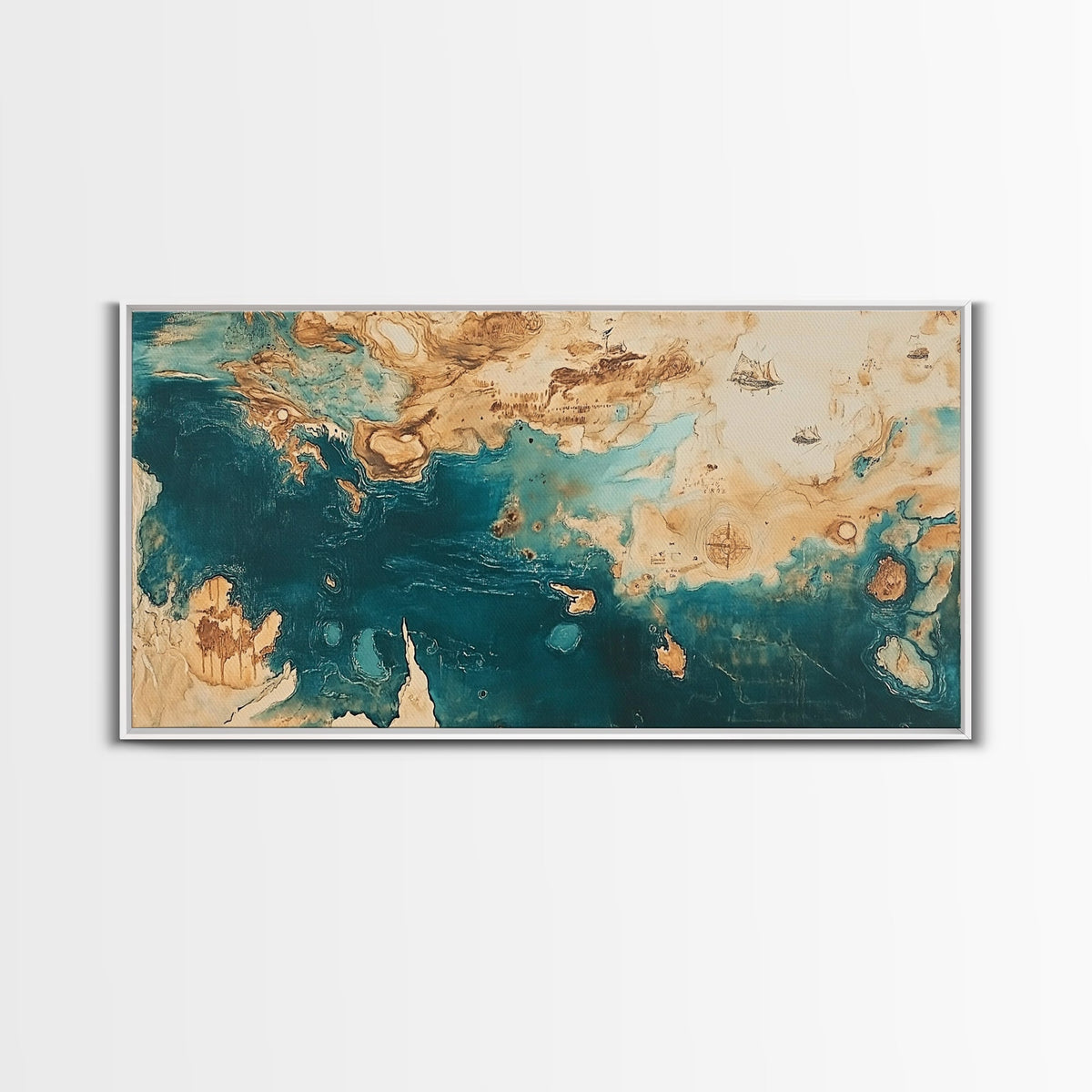 Vintage Map Art, Compass Wall Art, Nautical Wall Art, Extra Wide Art, Framed Canvas Print, Rustic Decor, Coastal Painting