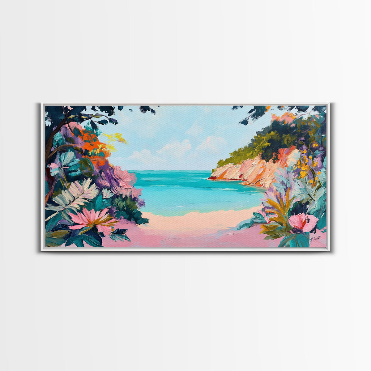 Tropical Beach, coastal wall art, Hawaii art, pink orange wall art, extra wide art, panoramic painting, framed canvas print