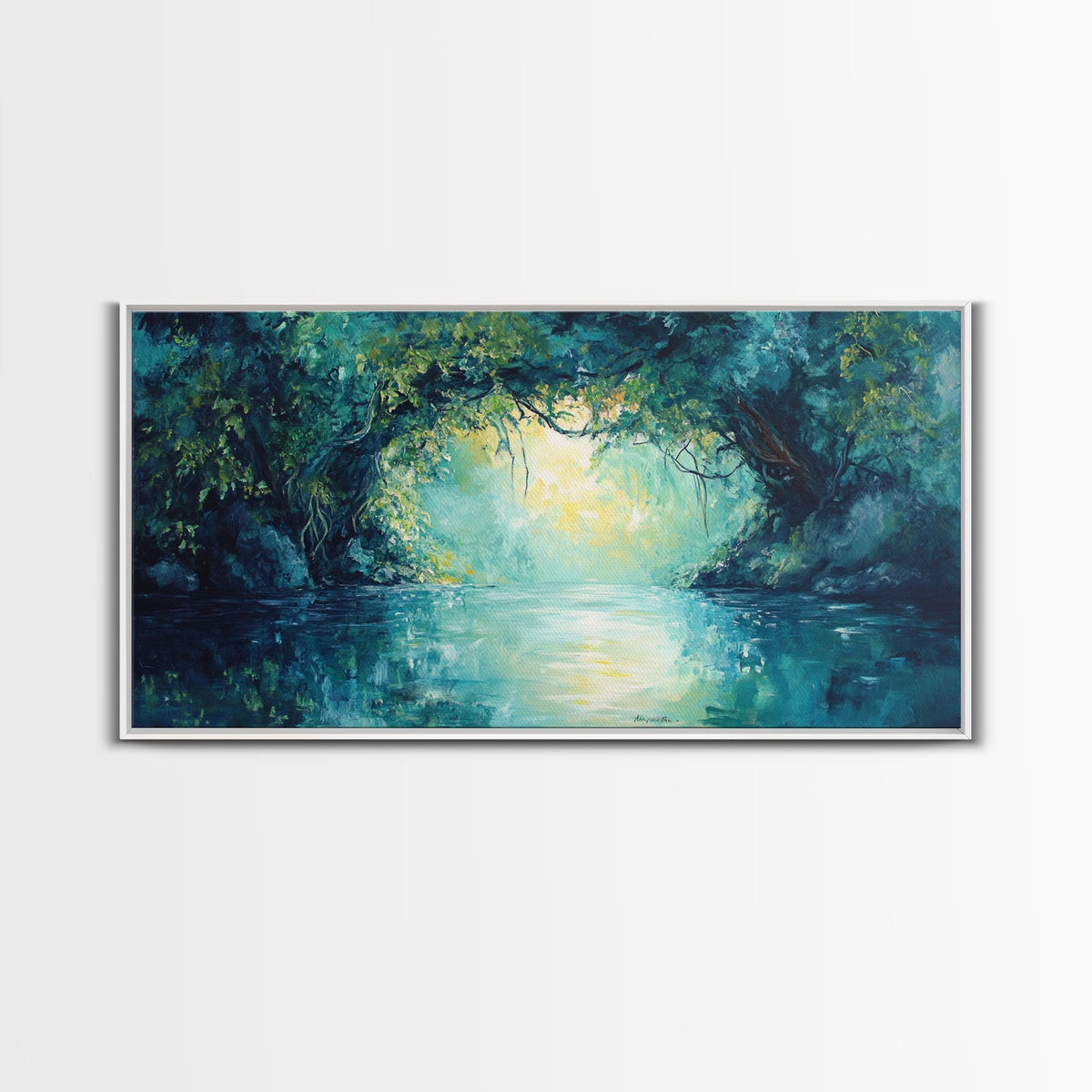 Mystical River, Framed Canvas Print, landscape painting, moody art, forest at dusk painting, teal wall art, extra wide art