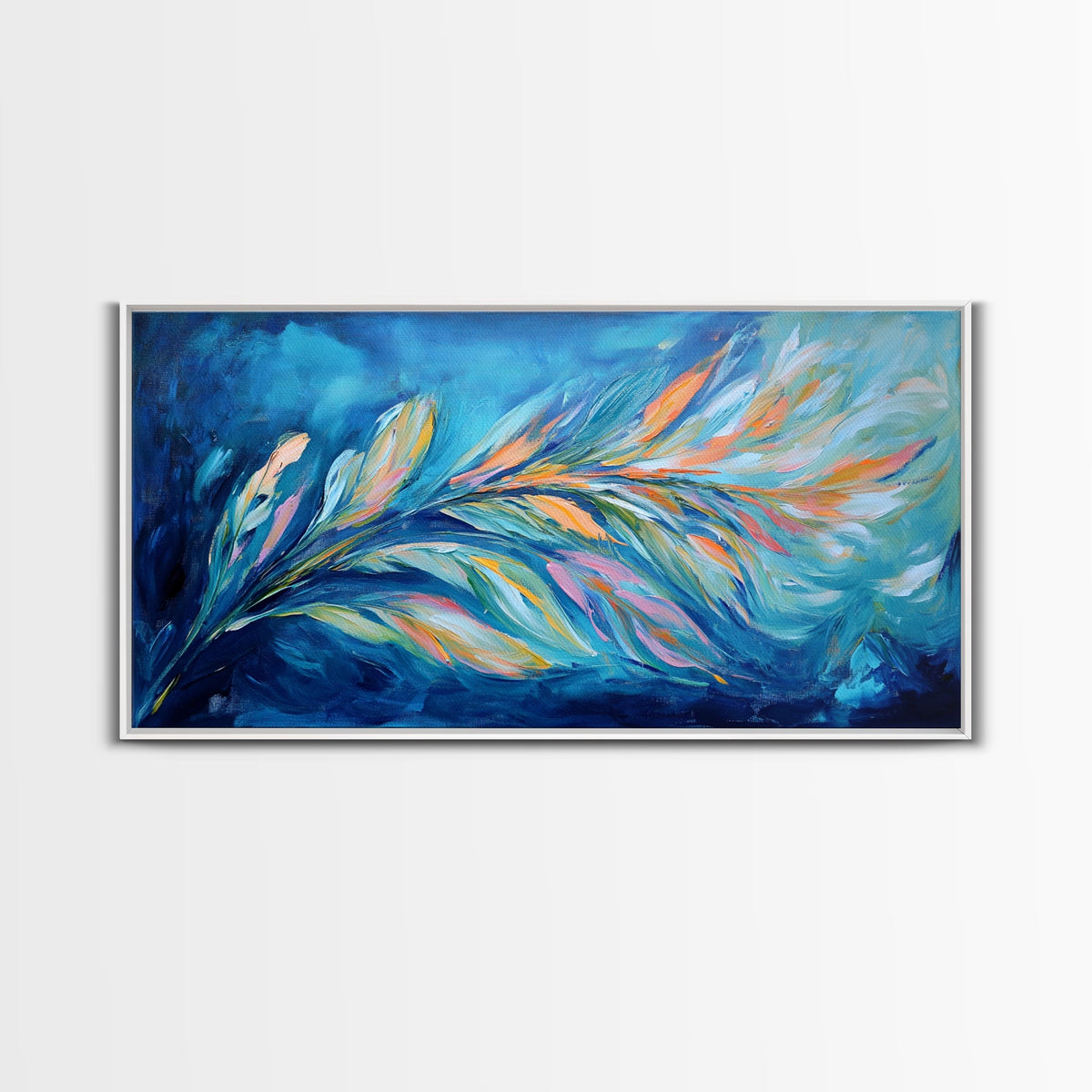 Abstract Feathers, colorful abstract art, blue and green wall art, cottagecore wall art, canvas print, horizontal wall art