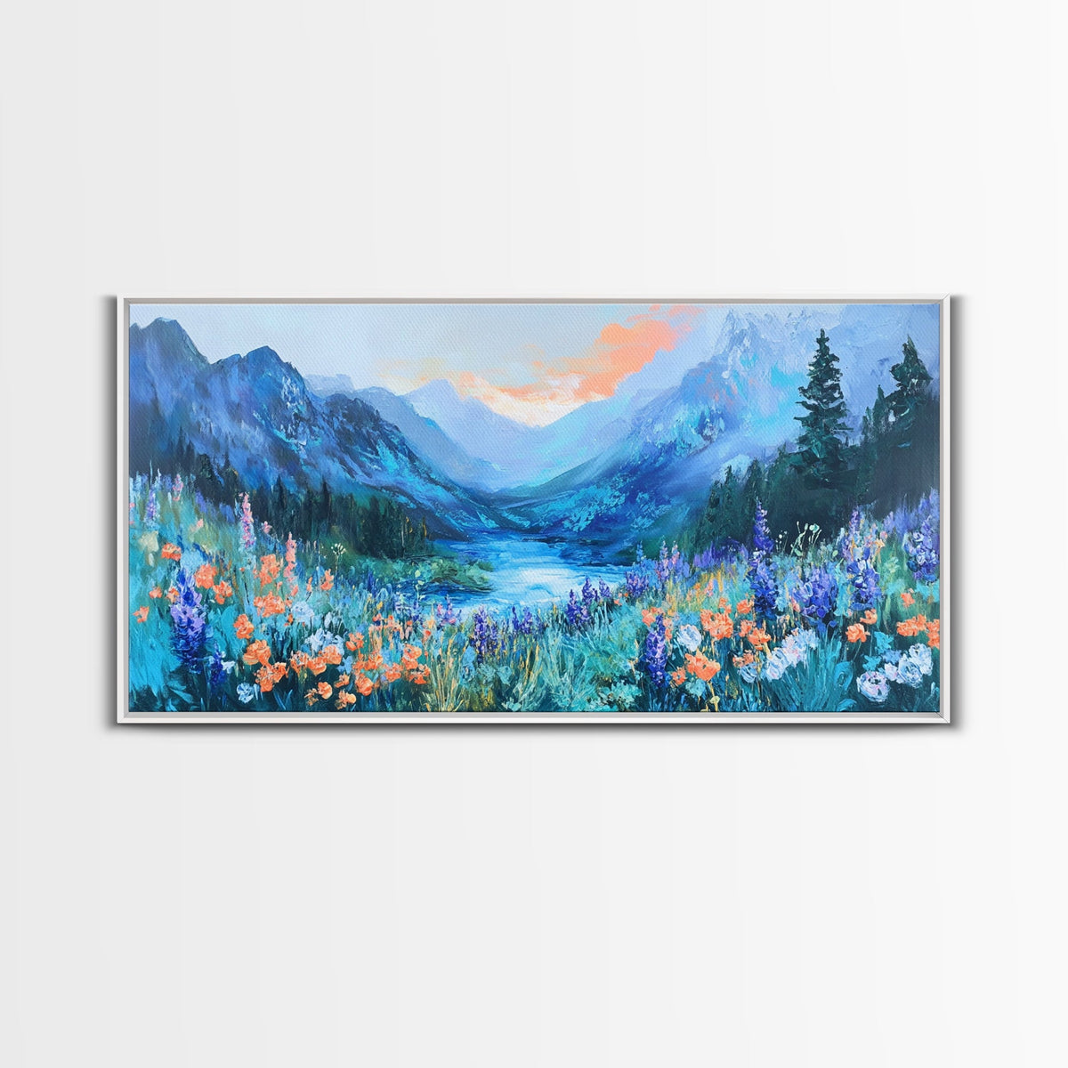 Wildflower Meadow, Mountain Painting, Landscape Painting, Rustic Decor, Cottagecore Wall Art, Framed Canvas Print, Above Sofa Art