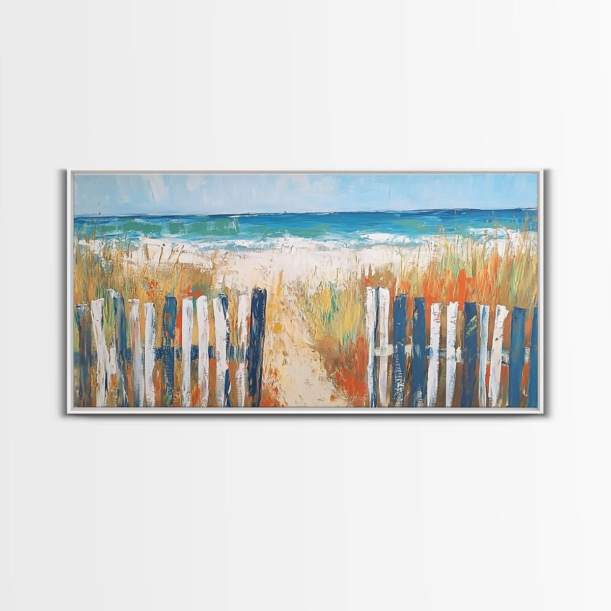 Beach Fence, coastal painting, framed canvas print, nautical decor, seascape painting, blue and green wall art, extra wide art