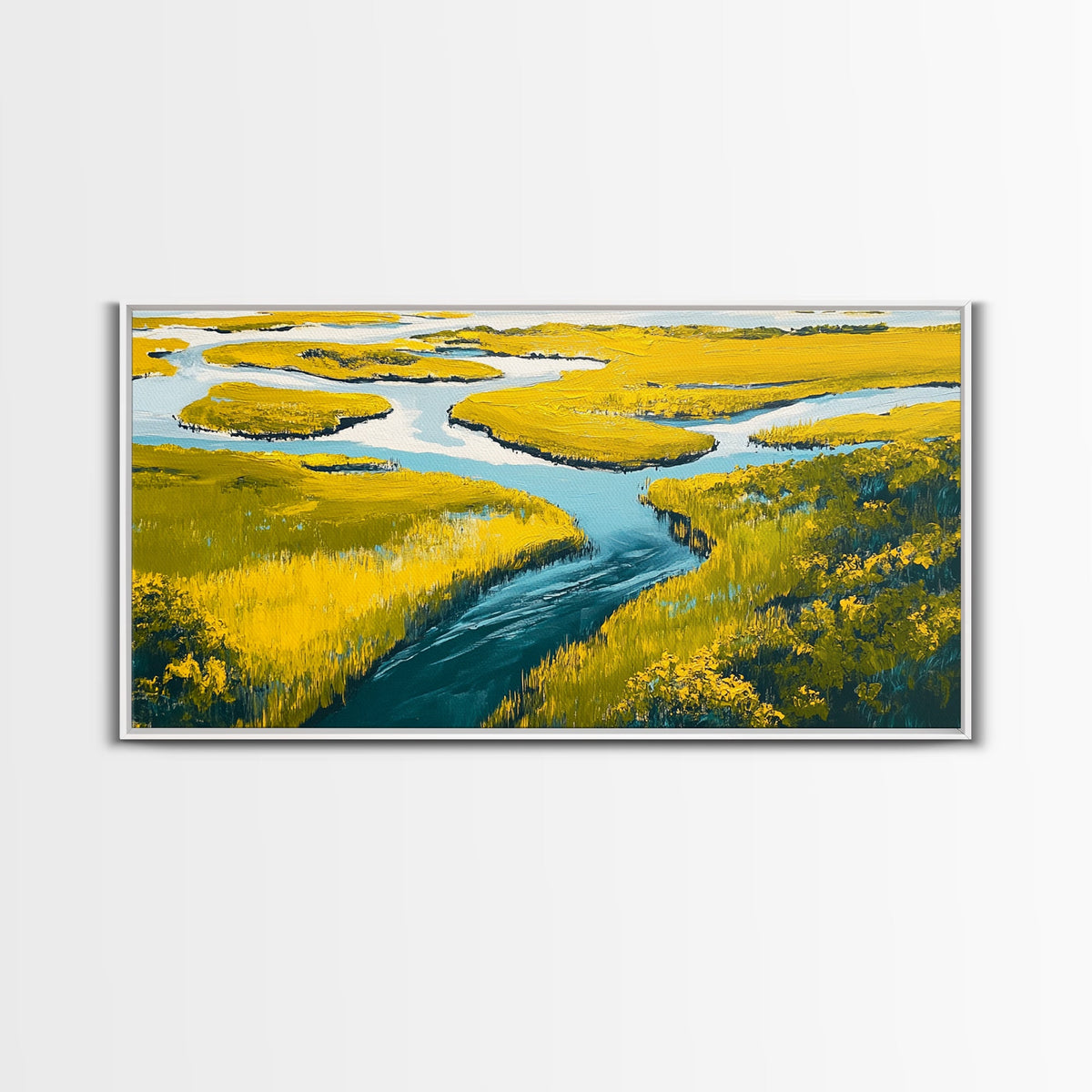 Marshland Landscape, marsh painting, landscape painting, above sofa art, extra wide art, panoramic art, Framed Canvas Print