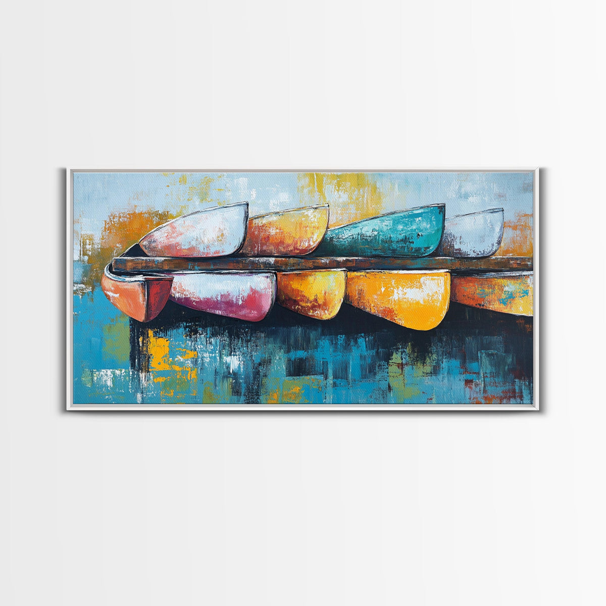 Colorful canoe, coastal decor, nautical painting, vibrant abstract, lake tahoe art, modern art, horizontal wall art, canvas print, beach vibes