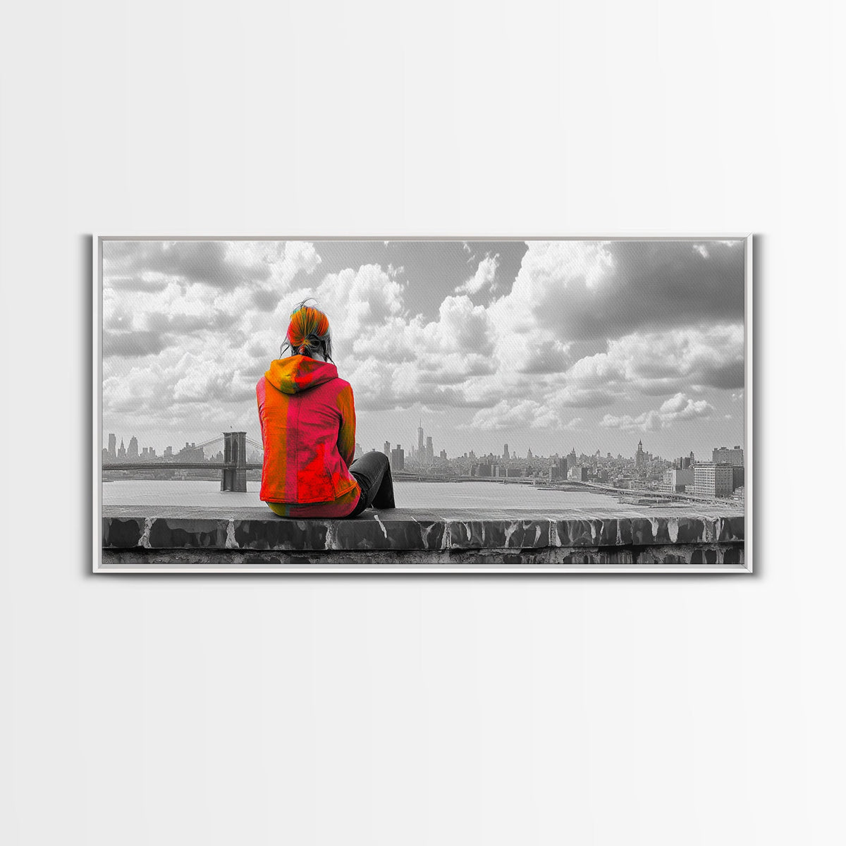 Rooftop View, Urban Woman, Brooklyn Bridge, Reflective Mood, Framed Canvas Print, Modern City Wall Art, Inspirational Office Decor