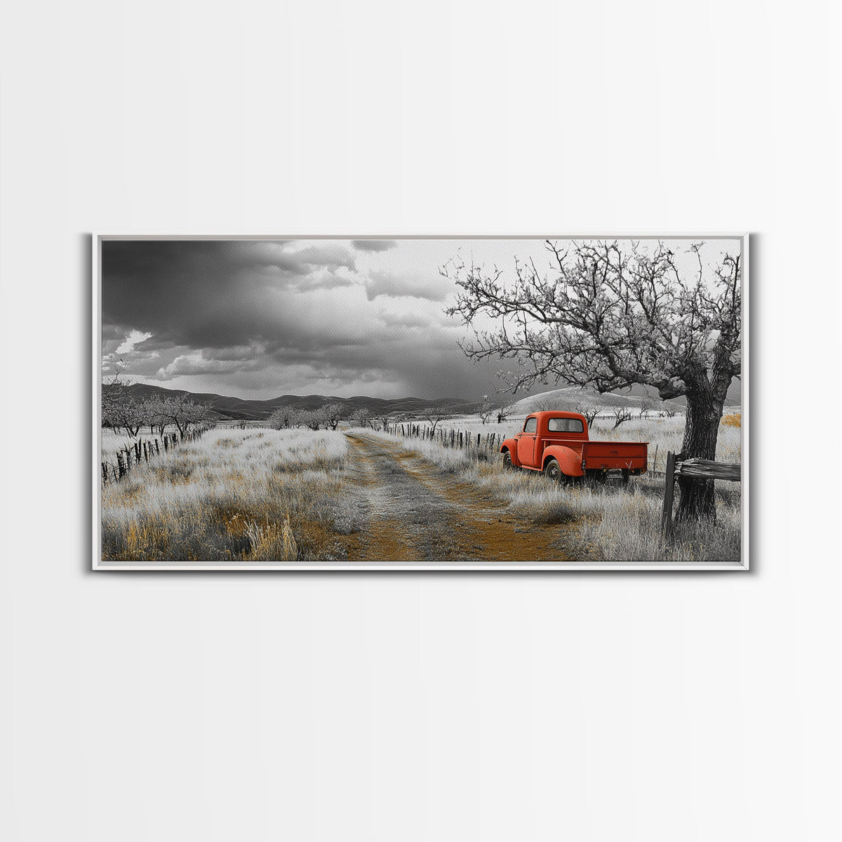 Red Truck, Country Road, Stormy Sky, Orchard Path, Framed Canvas Print, Farmhouse Autumn Wall Art, Rural Decor, Rustic Vintage Vibes
