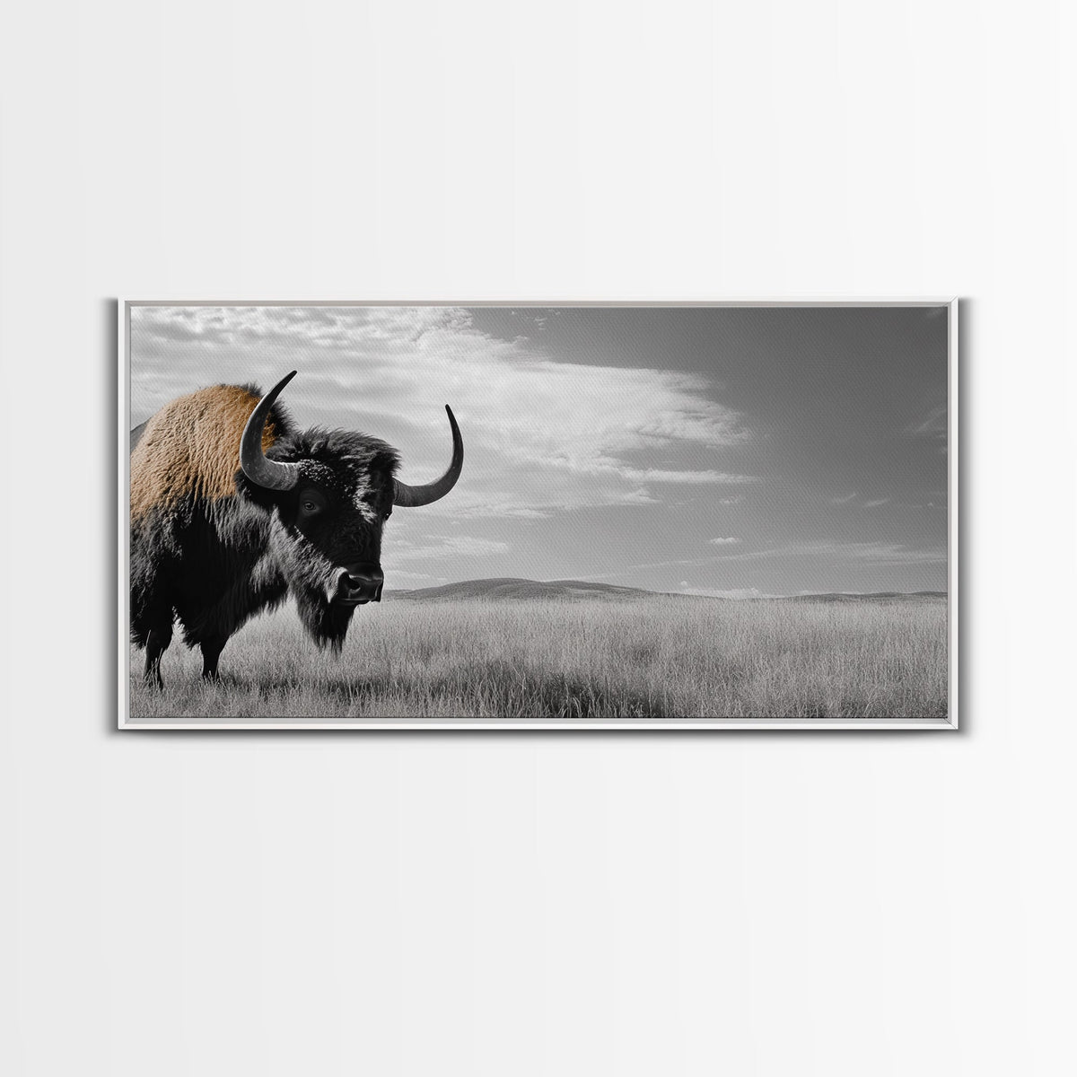 Buffalo Wall Art Canvas Print | Rustic Farmhouse Decor | Western Landscape Art | Moody Wall Art | Extra Wide Art | Nature Lover Gift