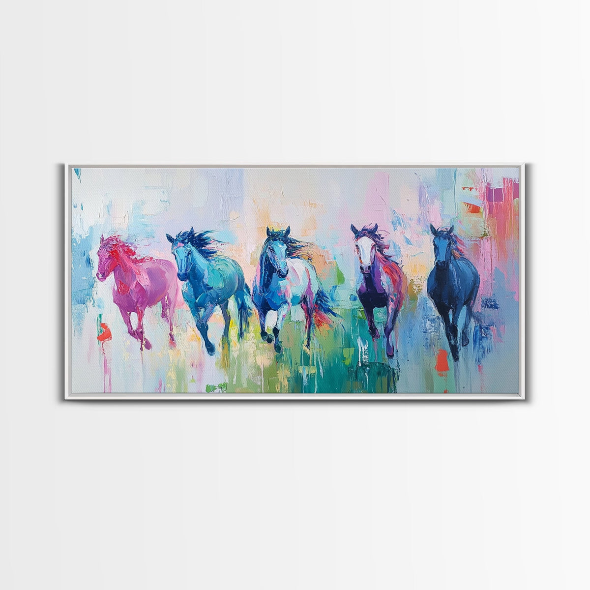Running Horses, Western Horse Art, Colorful Horse Wall Art, Vintage Horse Art, Farmhouse Decor, Extra Wide Art, Canvas Print
