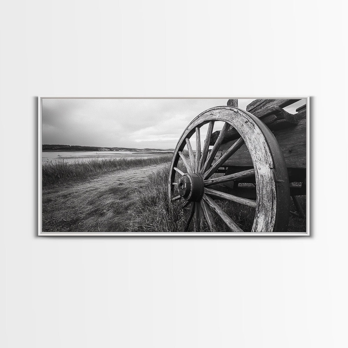 Wagon Wheel, Rustic Wall Art, Farmhouse Art, Vintage Decor, Western Landscape, Barn Art, Framed Canvas Print, Country Aesthetic