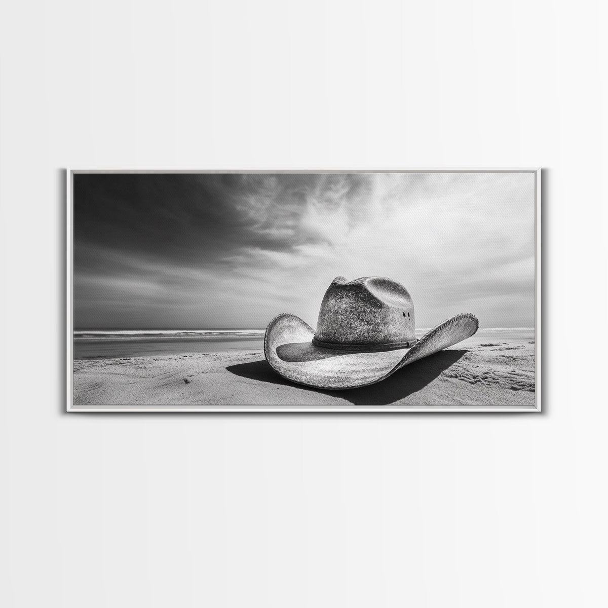 Cowboy Hat, Rustic Art, Western Wall Art, Moody Art, Coastal Decor, Vintage Aesthetic, Framed Canvas Print, Dramatic Sky