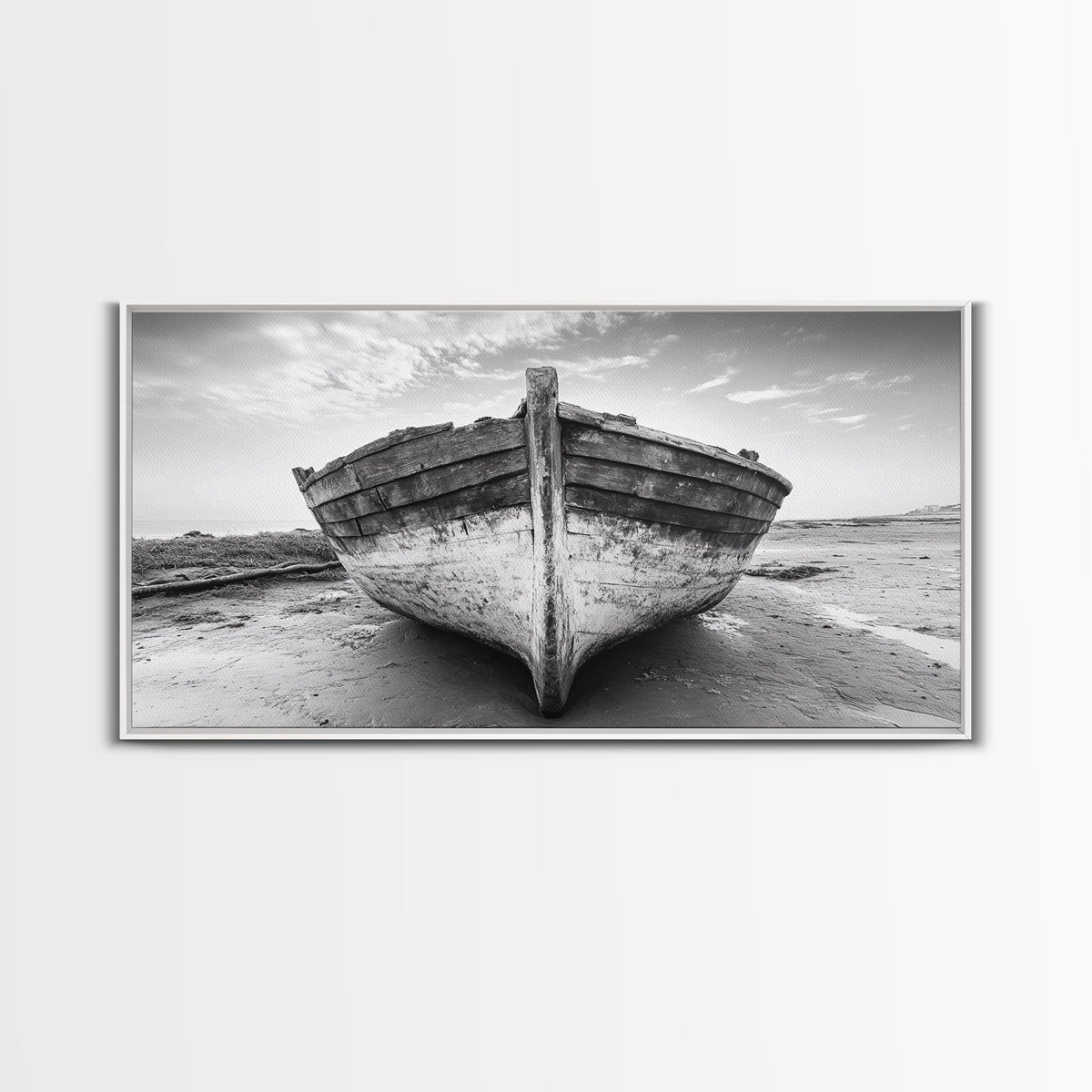 Beached Boat, Nautical Wall Art, Rustic Decor, Coastal Landscape Art, Extra Wide Art, Panoramic Painting, Canvas Print