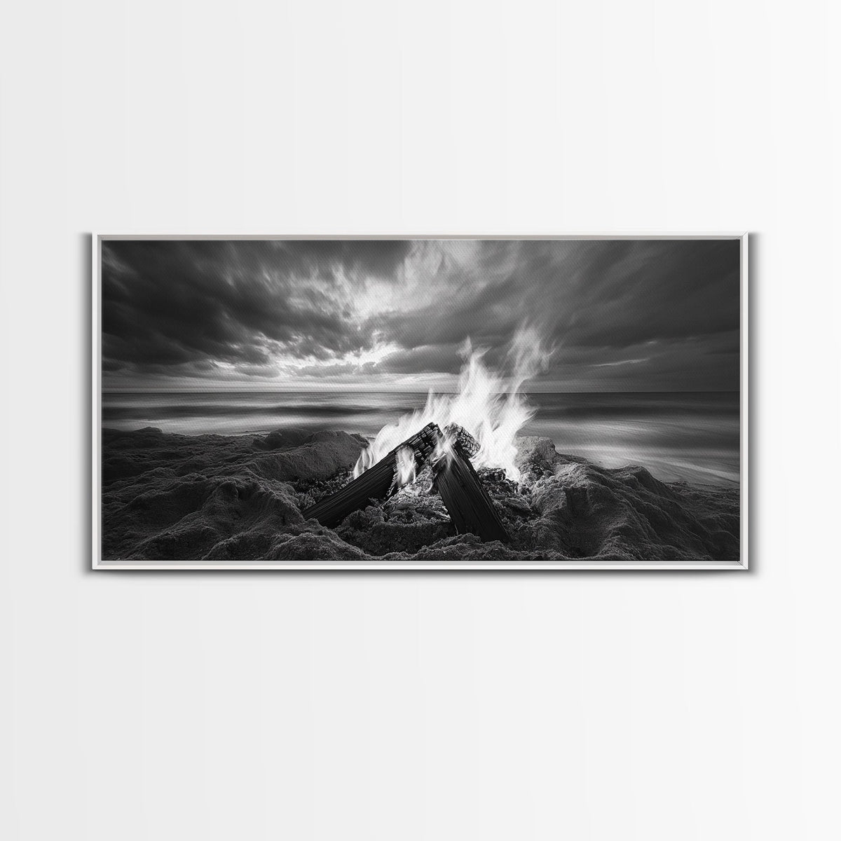 Beach bonfire, moody art, seascape painting, coastal decor, extra wide art, panoramic painting, above bed wall art, framed canvas print