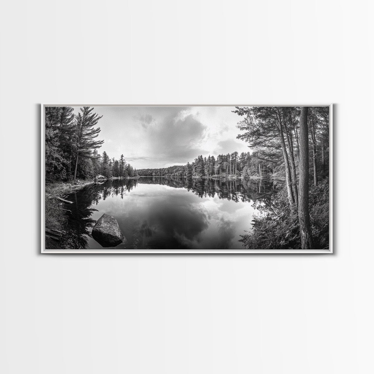 Lake reflection, pine tree art, landscape painting, wabi sabi art, rustic decor, panoramic painting, extra wide art, framed canvas print