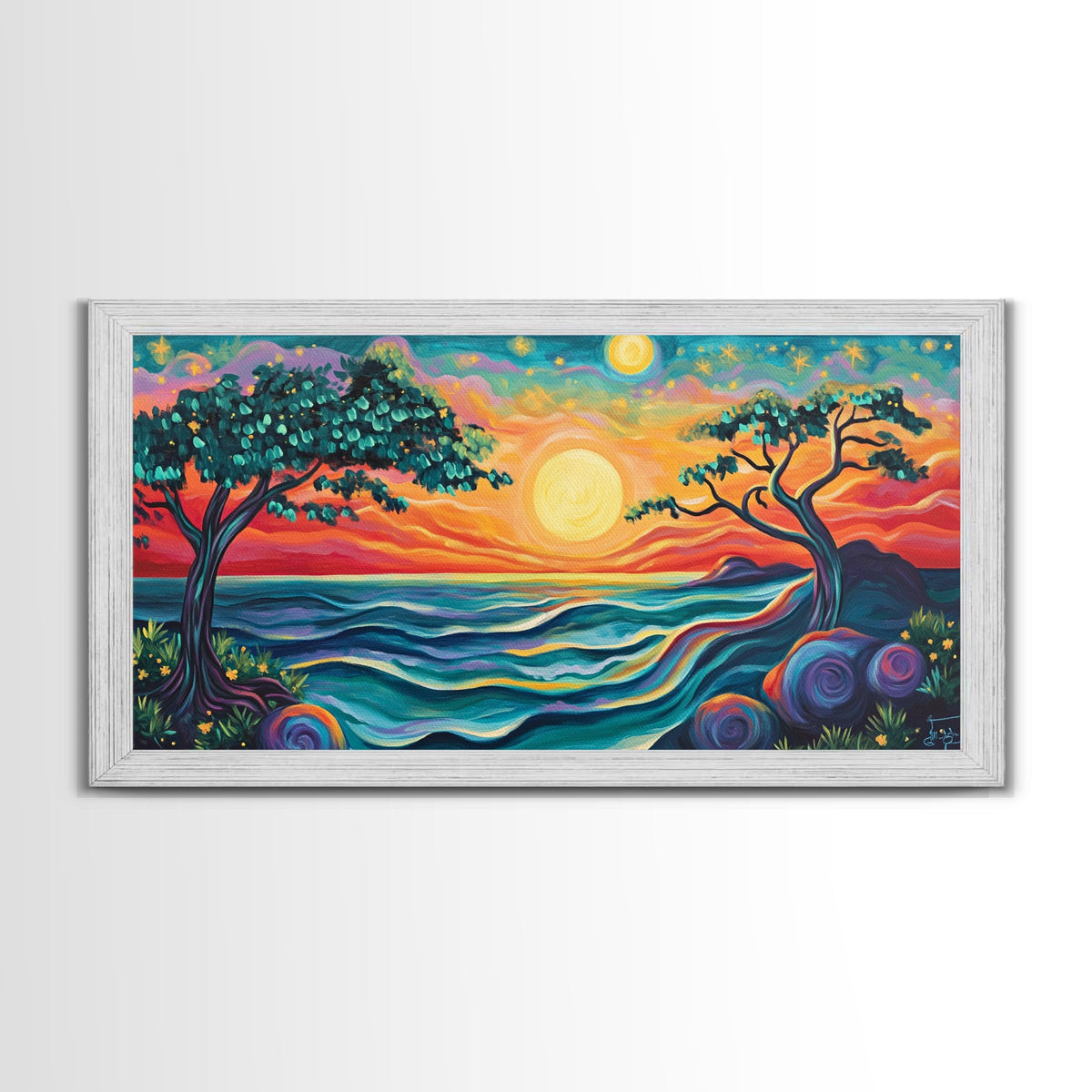 Vibrant Sunset, pink orange wall art, whimsical art, Hawaii art, colorful landscape painting, coastal decor, gift idea, Canvas Print