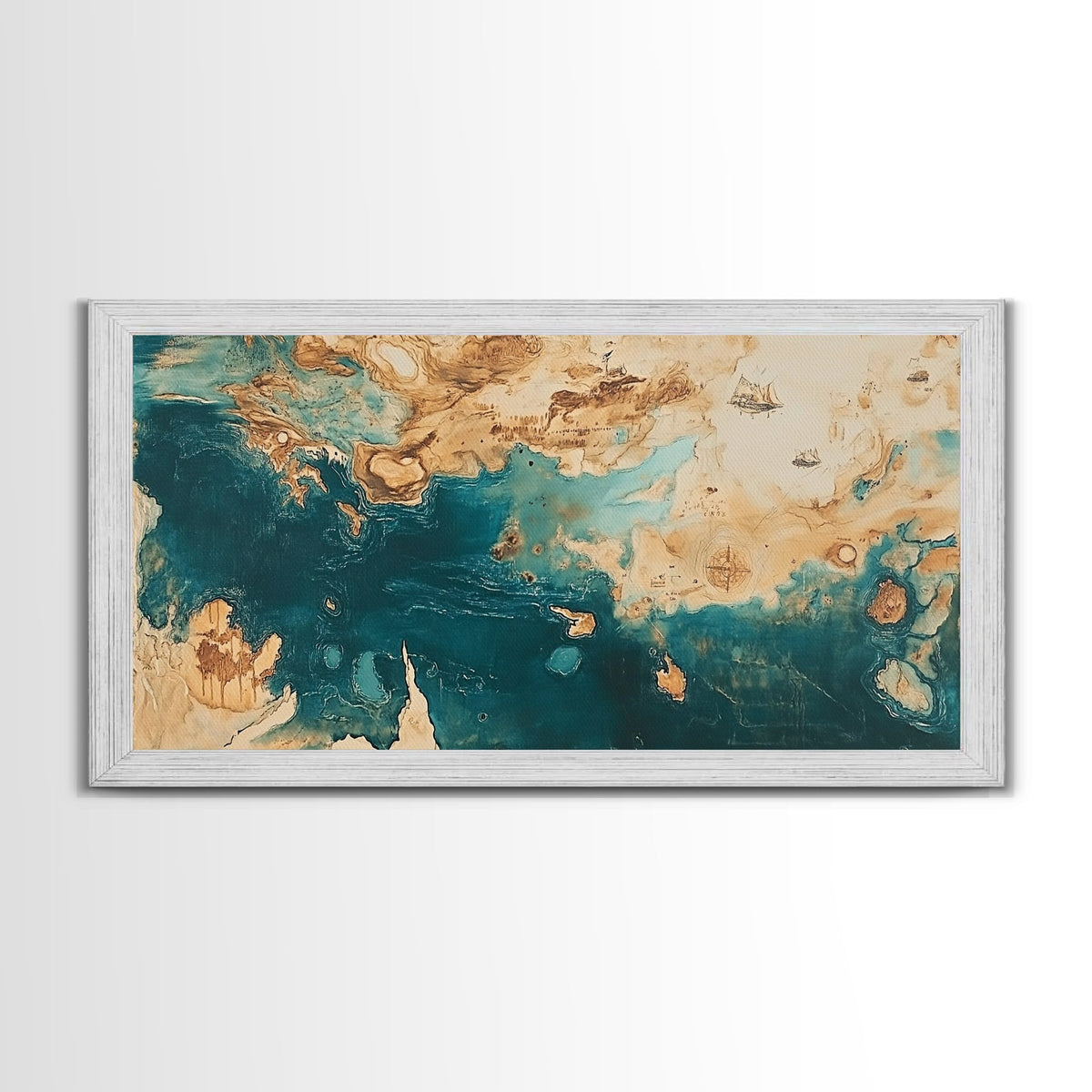 Vintage Map Art, Compass Wall Art, Nautical Wall Art, Extra Wide Art, Framed Canvas Print, Rustic Decor, Coastal Painting