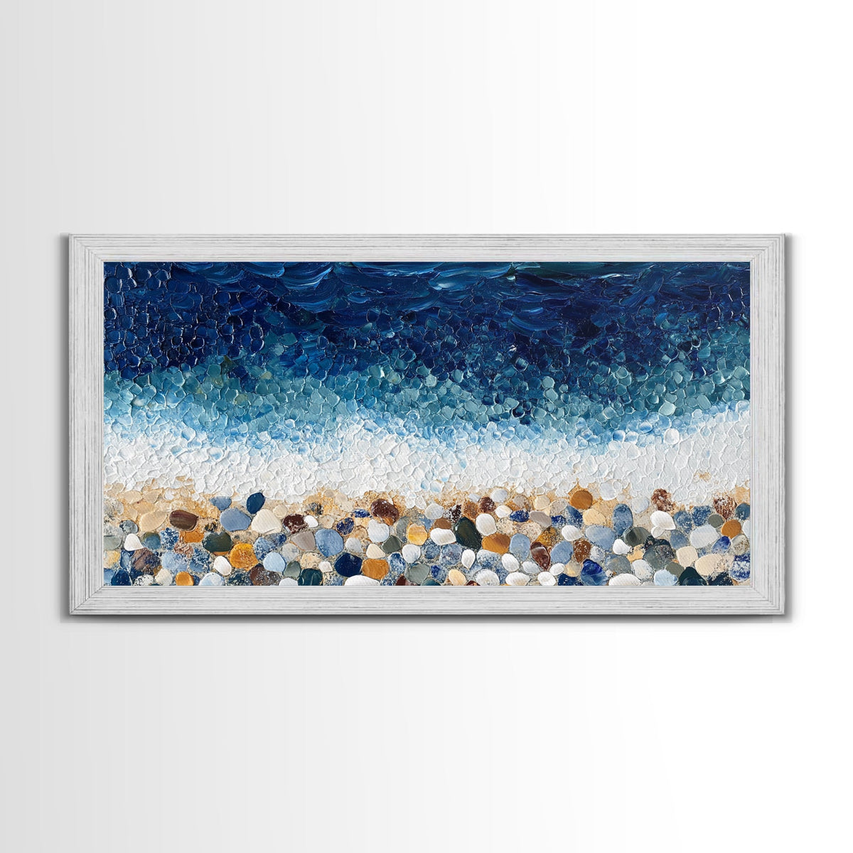 Pebble Beach, mosaic wall art, coastal decor, ocean painting, nautical decor, panoramic painting, framed canvas print