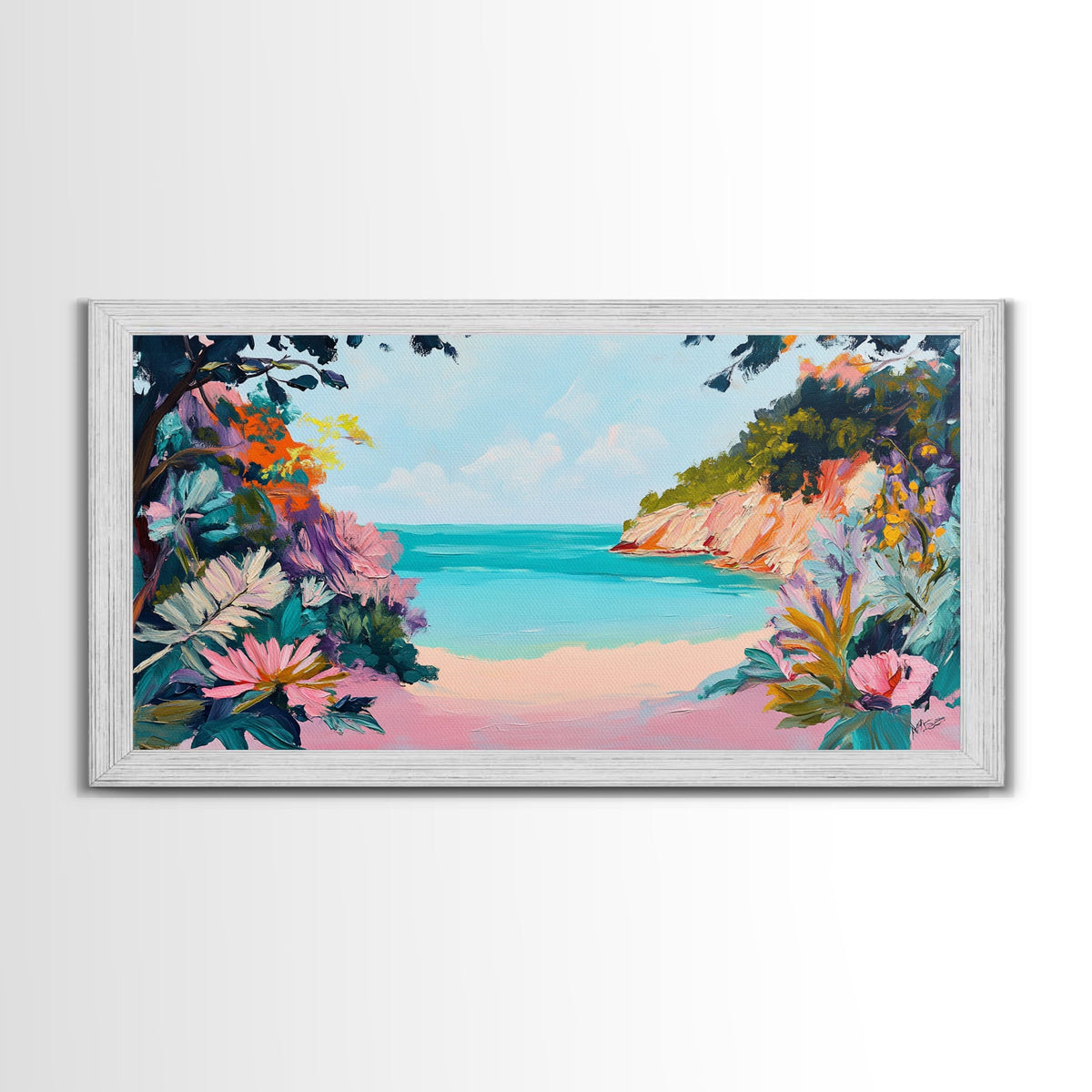 Tropical Beach, coastal wall art, Hawaii art, pink orange wall art, extra wide art, panoramic painting, framed canvas print