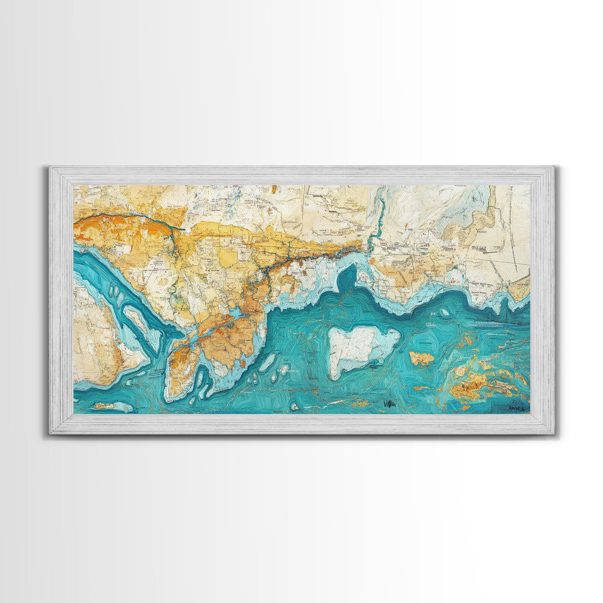 Abstract Map Art, Coastal Decor, Nautical Painting, Extra Wide Art, Framed Canvas Print, Blue and Green Wall Art