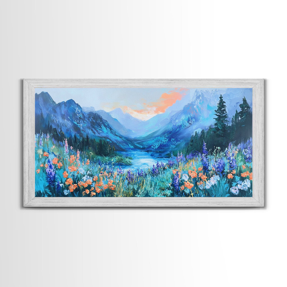 Wildflower Meadow, Mountain Painting, Landscape Painting, Rustic Decor, Cottagecore Wall Art, Framed Canvas Print, Above Sofa Art