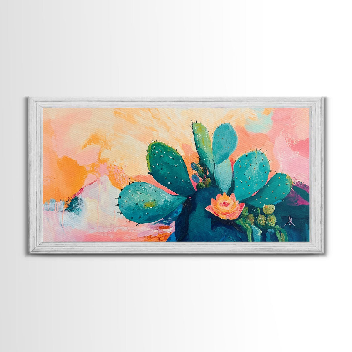 Prickly Pear Cactus, agave painting, southwest wall art, boho art, pink orange wall art, extra wide art, Framed Canvas Print